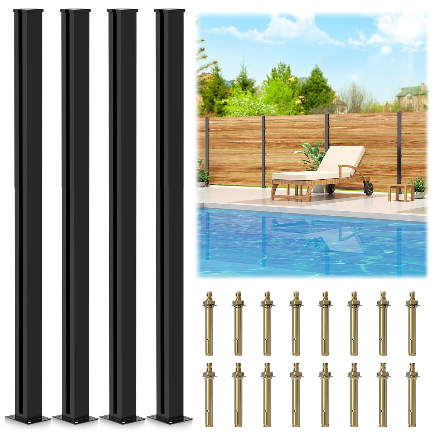 5 Feet Aluminium Alloy Fence Post, Matte Black Metal Wood Fence Column for Outdoor Privacy Panels(4 Pack Line Post)