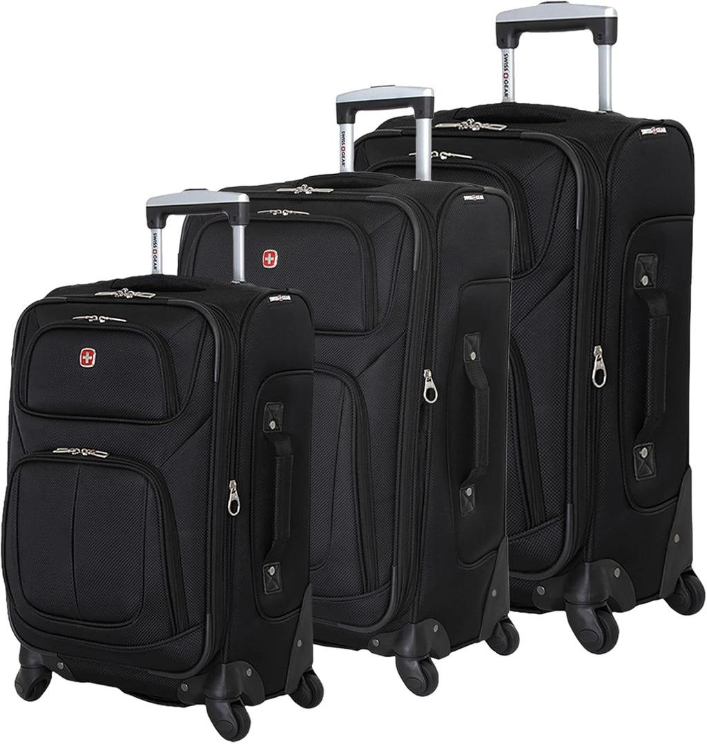 SWISSGEAR Sion Softside Expandable Spinner Luggage Durable Lightweight Travel Suitcase, Black, 3-Piece Set (Carry-On/Medium/Large)