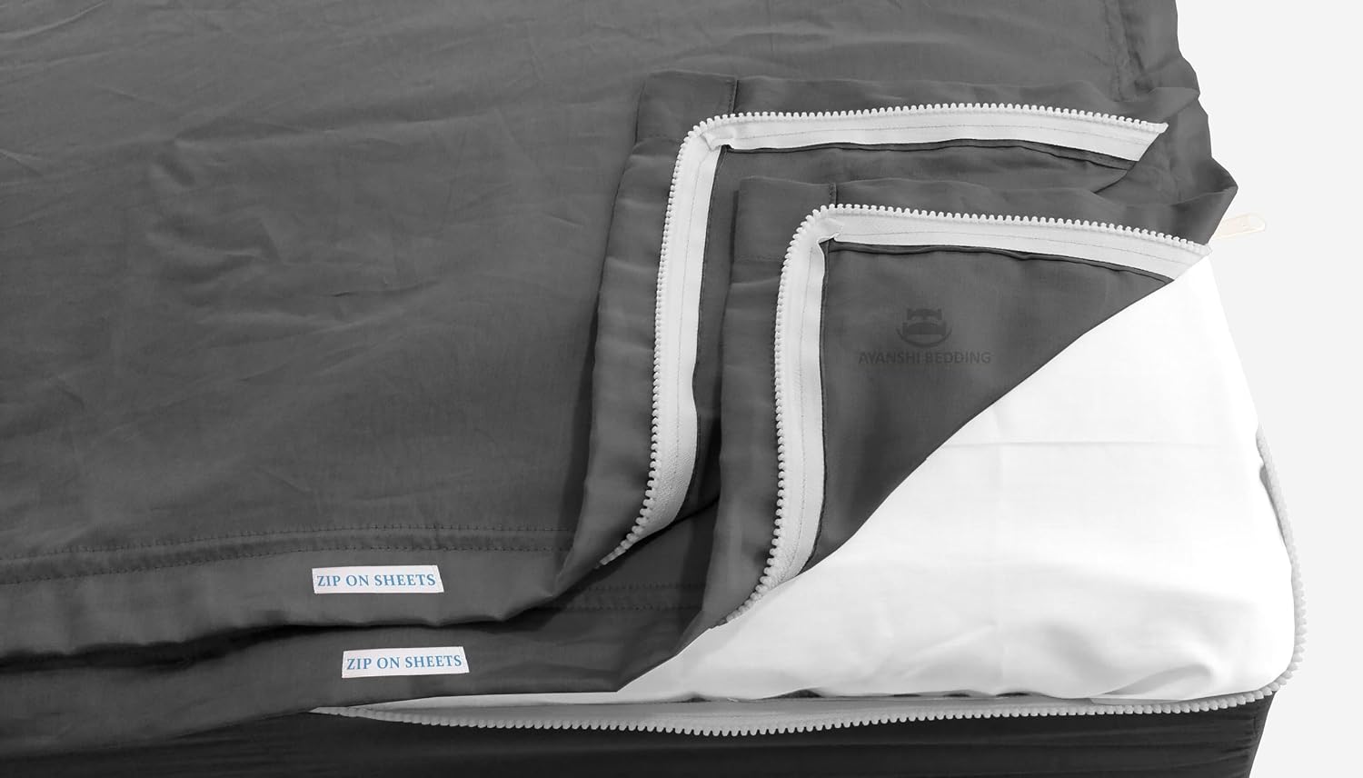 Cotton Zip On Fitted Sheet Queen - 2 Zip Sheets & 1 Fitted Sheet - Upto 16' Inch Deep Pocket Queen Size Zipper Fitted Sheets - Soft & Luxury 600 TC 100% Cotton - Dark Grey