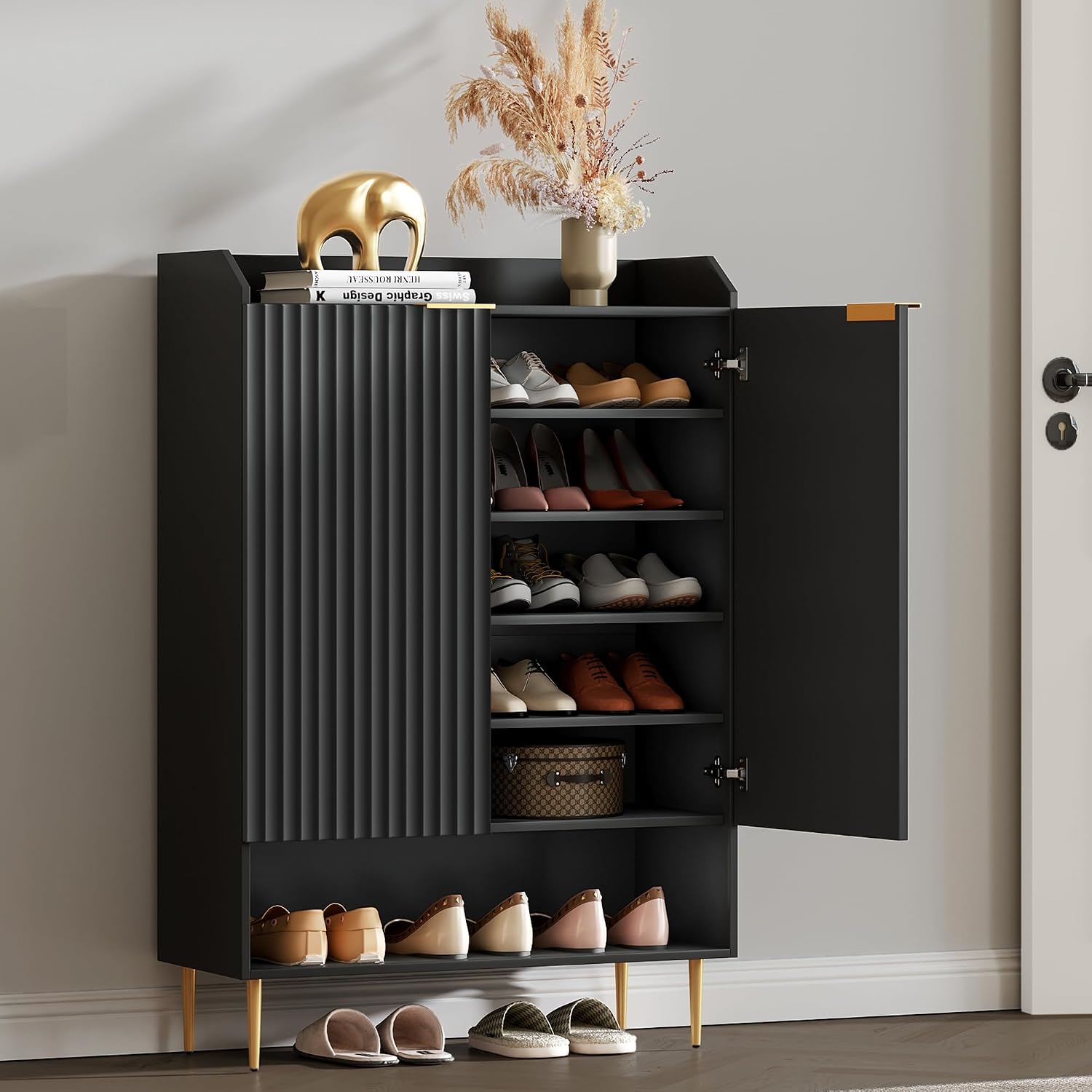 SICOTAS Shoe Cabinet Set of 2-56 Pairs Large Shoe Storage Cabinet, 50.7' Tall 7-Tier Entryway Shoe Cabinet Storage with Adjustable Shelves for Entryway Hallway Living Room Front Door, Black