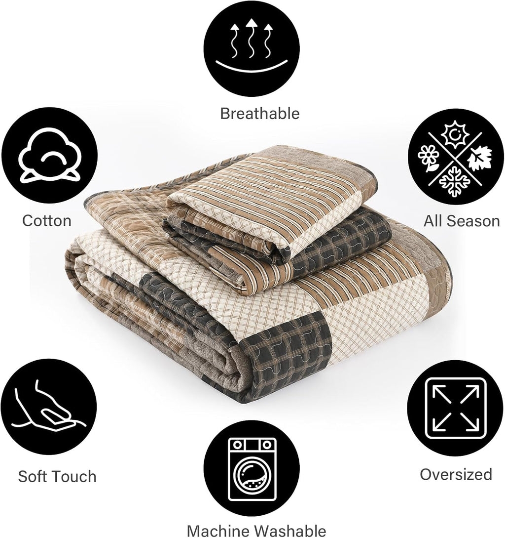 PANGUSHAN 100% Cotton Quilt Set Queen Size, Farmhouse Plaid Lightweight Comforter Rustic Bedding Set Quilted Bedspread, Charcoal/Beige/Brown for Queen Bed, 3 Pieces
