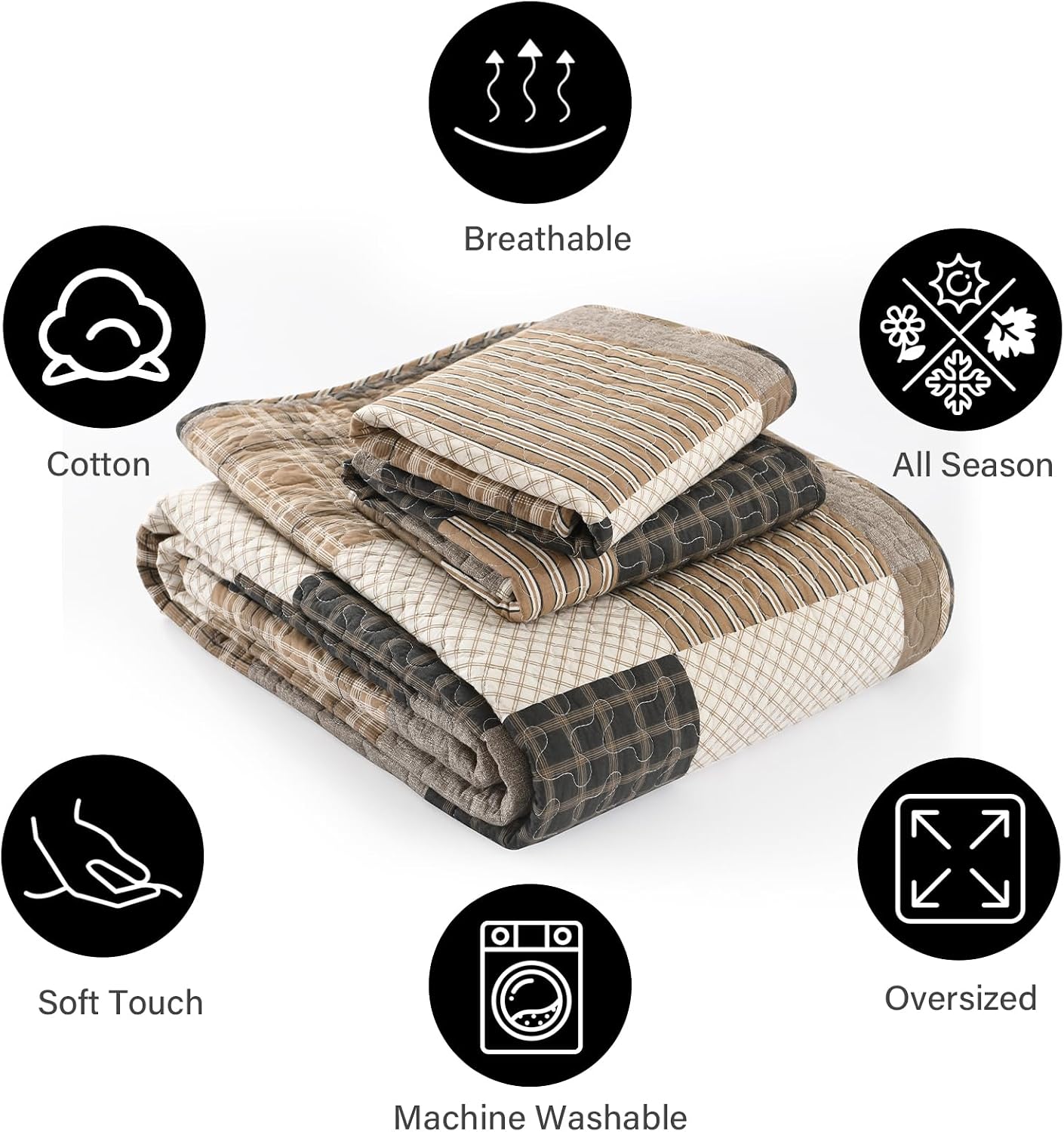 PANGUSHAN 100% Cotton Quilt Set, King Size, Farmhouse Plaid Lightweight Comforter, Rustic Bedding Set Quilted Bedspread, Charcoal/Beige/Brown Quilt for King Bed, 3 Pieces