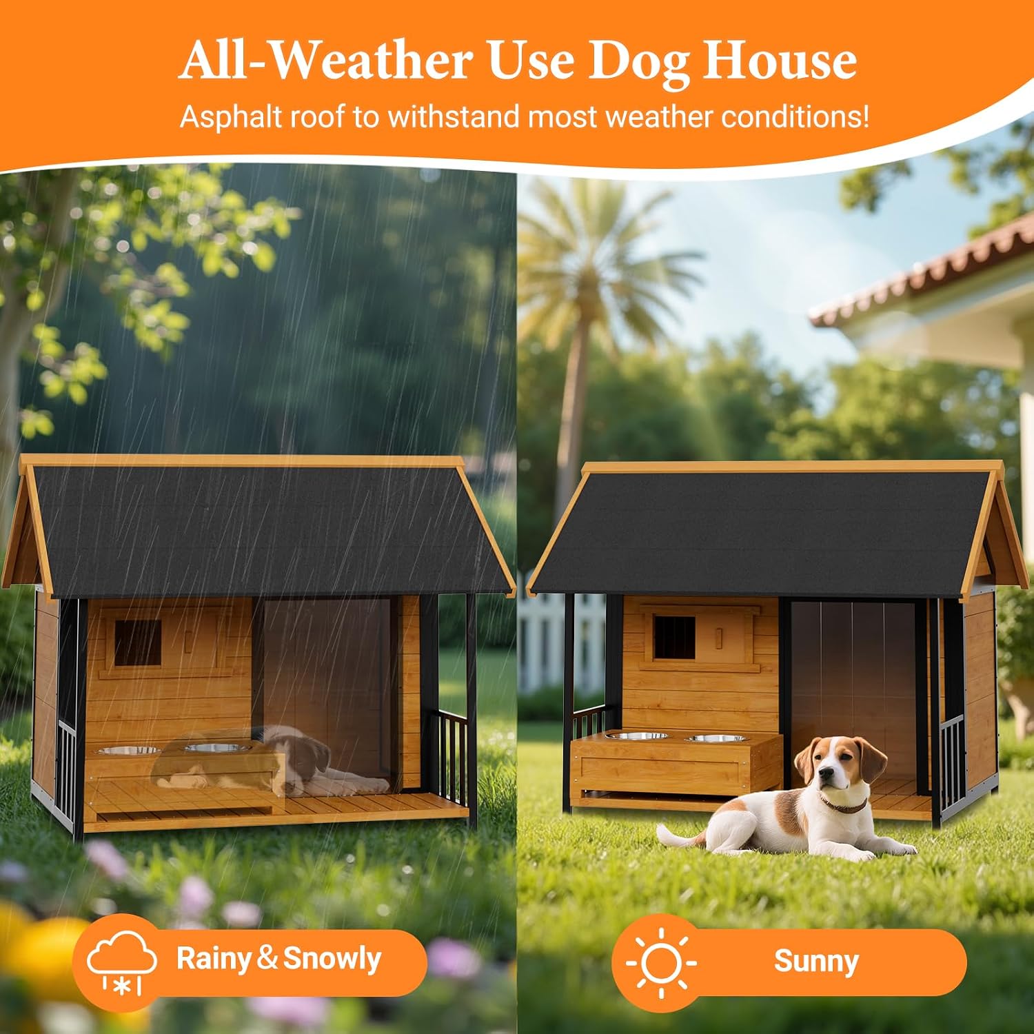 Large Dog House with Dog Bowls Stand, Outdoor Weatherproof XL Dog Kennel with Openable Roof, Easy Assembly All-Around Iron Frame Design for Outside Medium Big XLarge Breed Dogs
