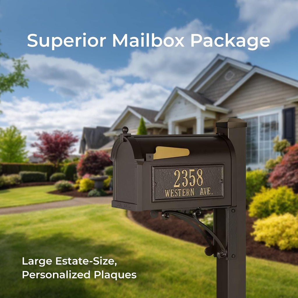 Superior Mailbox Package by Whitehall Bronze Large Cast Aluminum Mailbox with Decorative Post & Custom Address Side Plaques Weather Resistant Streetside Outdoor Mailbox System - Made in USA