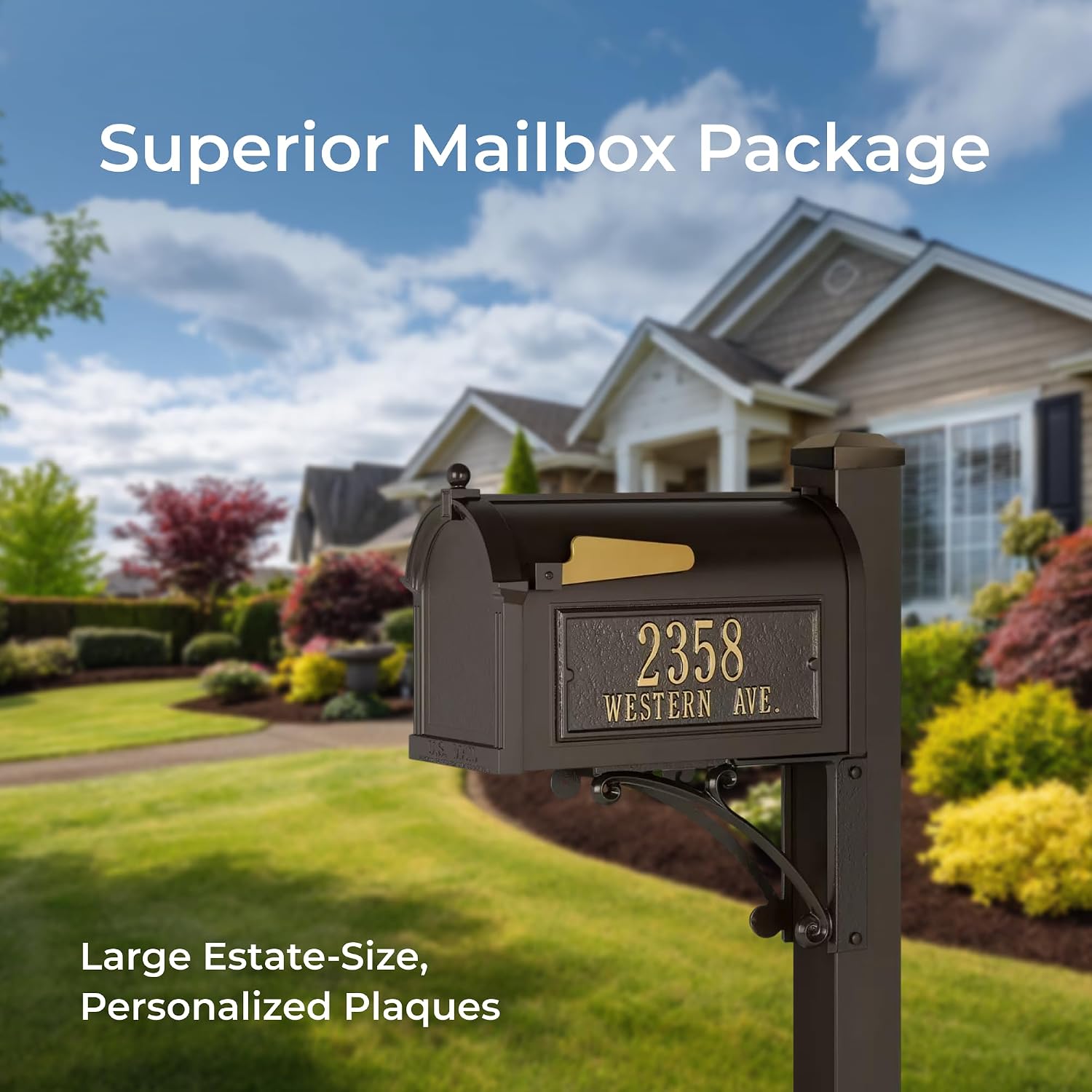 Superior Mailbox Package by Whitehall Bronze Large Cast Aluminum Mailbox with Decorative Post & Custom Address Side Plaques Weather Resistant Streetside Outdoor Mailbox System - Made in USA