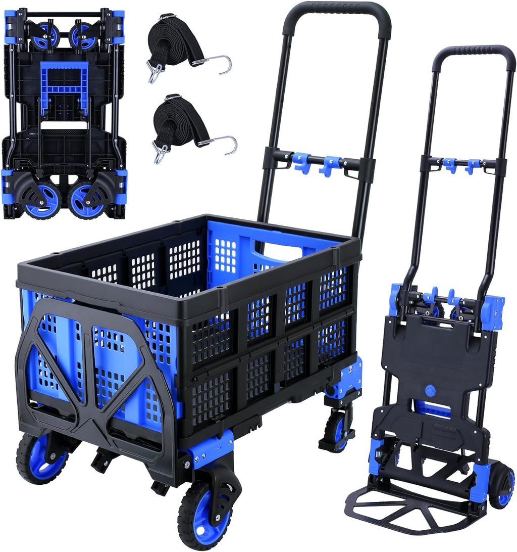 2-in-1Folding Hand Truck Dolly with Folding Basket, 330LBS Capacity Foldable Hand cart,Folding Dolly with Retractable Handle,Hand Truck Foldable with 4 Wheels for Moving
