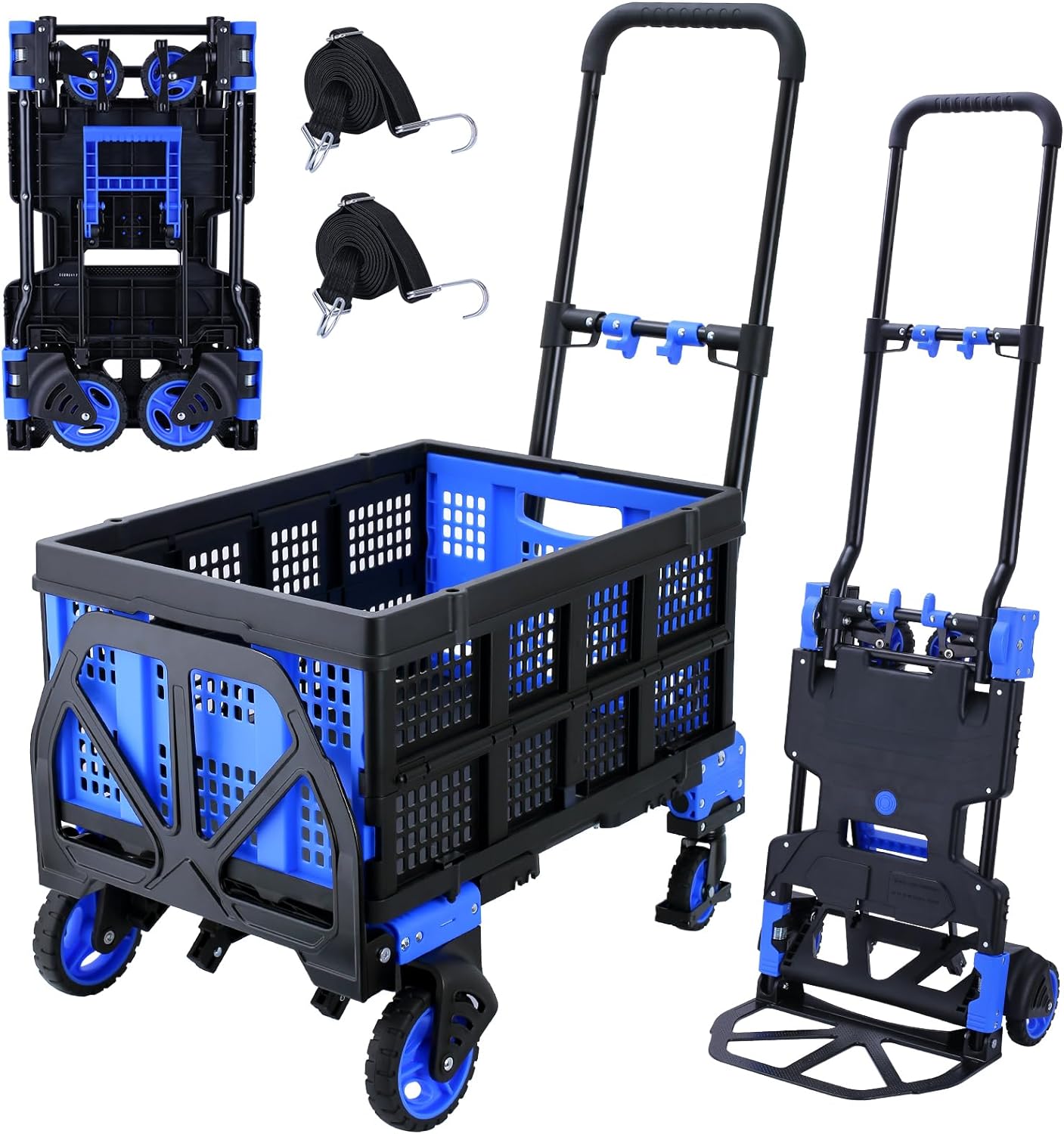 2-in-1Folding Hand Truck Dolly with Folding Basket, 330LBS Capacity Foldable Hand cart,Folding Dolly with Retractable Handle,Hand Truck Foldable with 4 Wheels for Moving