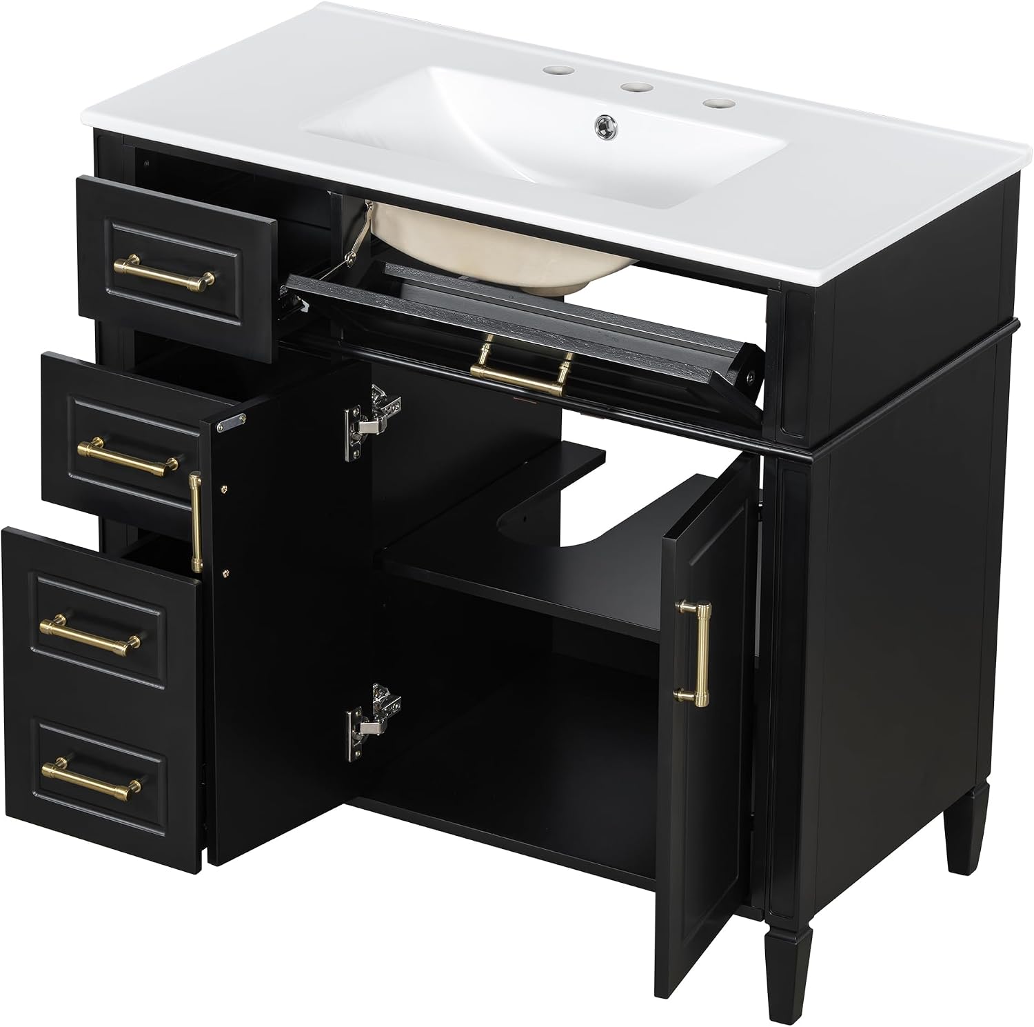 Harper & Bright Designs 36' Bathroom Vanity with Sink, Free Standing Bathroom Vanity Set with Flip Drawer, 3 Drawers, and Adjustable Shelf, Wood Storage Cabinet with Ceramic Basin for Bathroom, Black