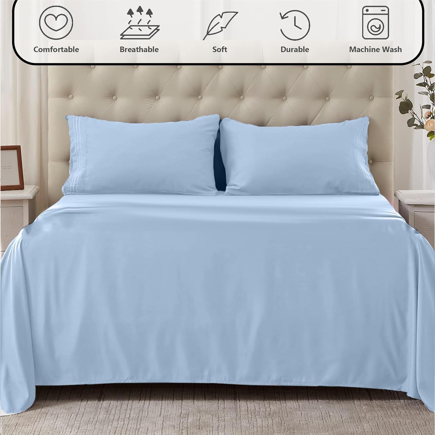 100% Egyptian Cotton Sheet Set Level Of Softness 1500TC Actual Hotel Quality Queen Size Sheets Mattresses Up To 22', Extra Soft Cooling Sheets for Hot Sleepers and Night Sweats - Light Blue Solid