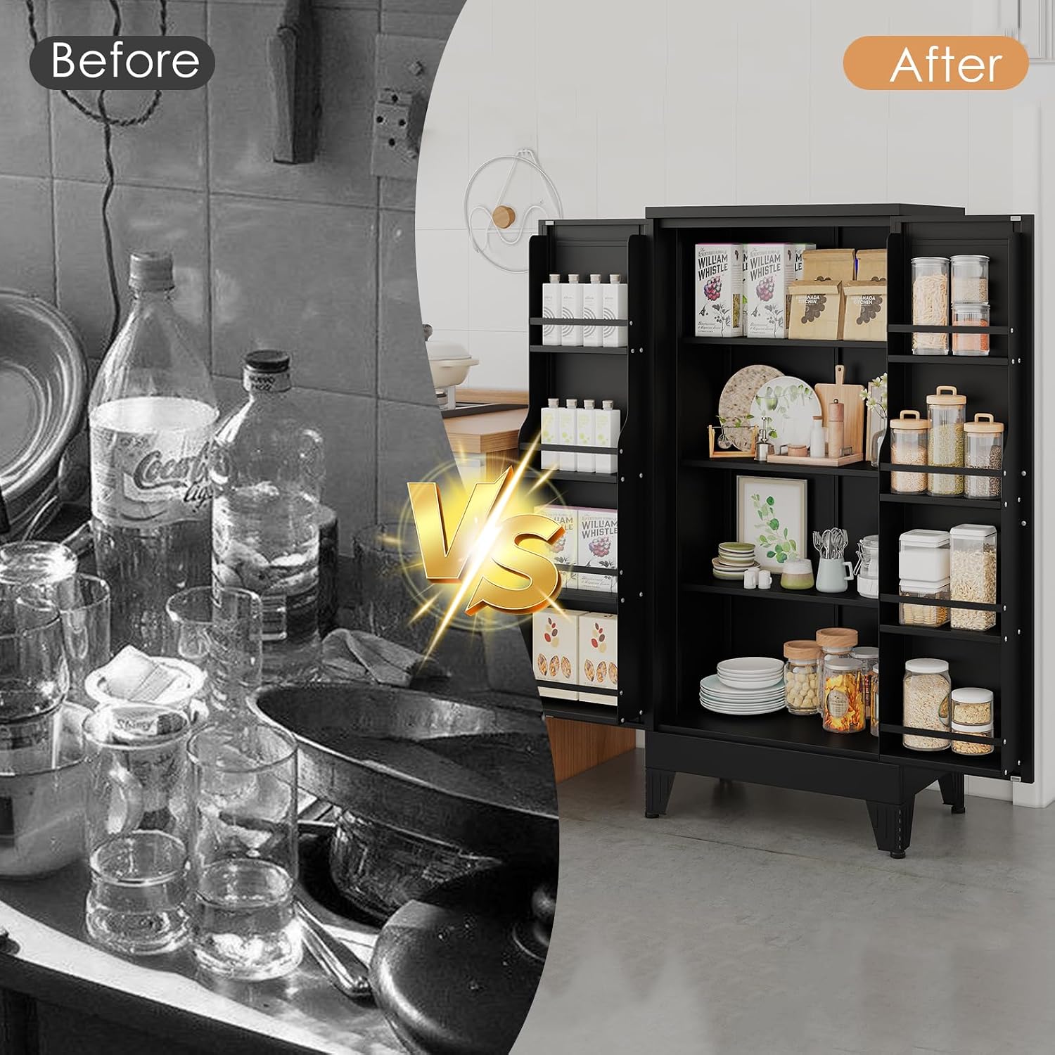erosoei 51' H Metal Kitchen Pantry Storage Cabinet,Storage Cabinets with Doors and Adjustable Shelves,Freestanding Food Pantry Cabinet Cupboard for Living Room,Dinning Room (Black)