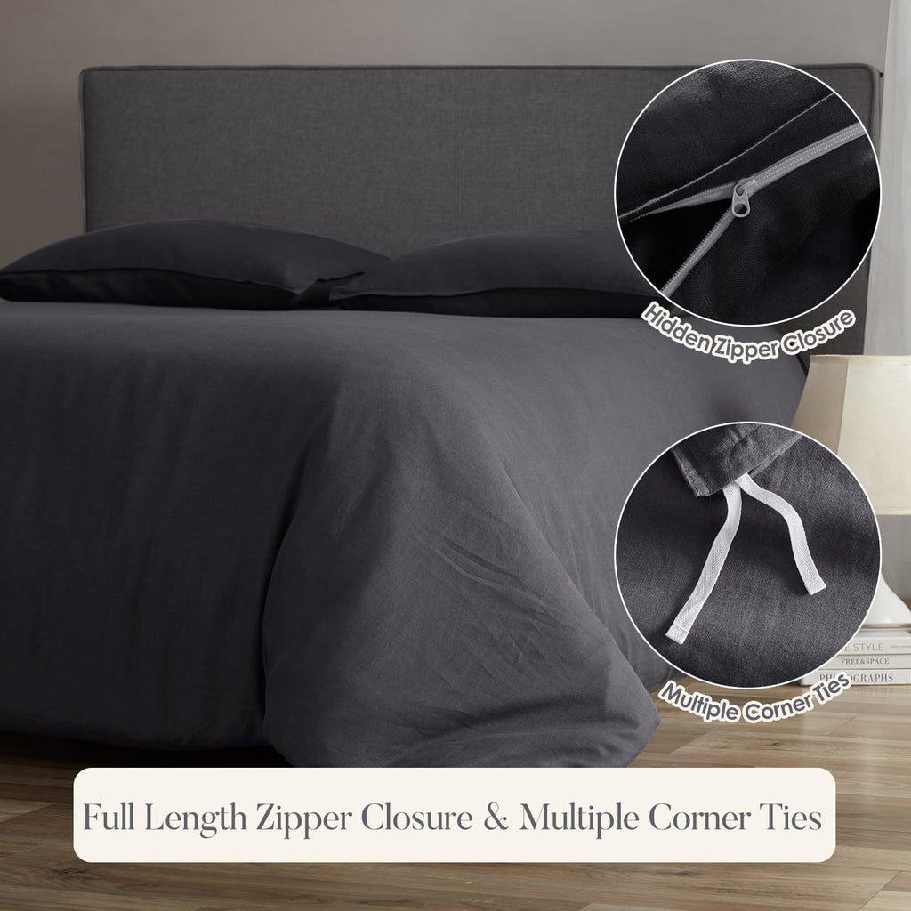 DAPU 100% Linen Duvet Cover Set - Pure Natural French Flax Linen with Corner Ties and Zipper Closure Soft Breathable Durable for Hot Sleepers 1 Duvet Cover 2 Pillowcases (Dark Gray, Full/Queen)