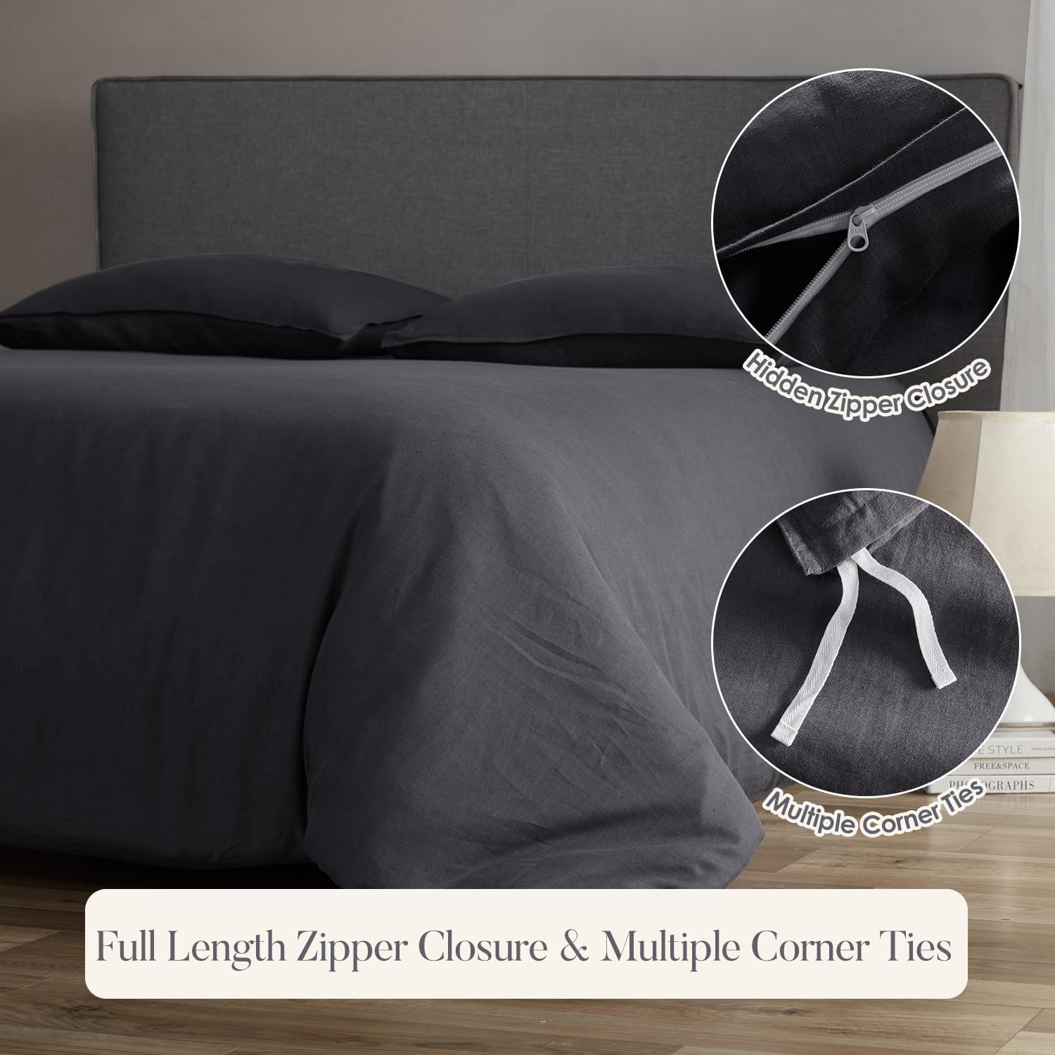 DAPU 100% Linen Duvet Cover Set - Pure Natural French Flax Linen with Corner Ties and Zipper Closure Soft Breathable Durable for Hot Sleepers 1 Duvet Cover 2 Pillowcases (Dark Gray, Full/Queen)