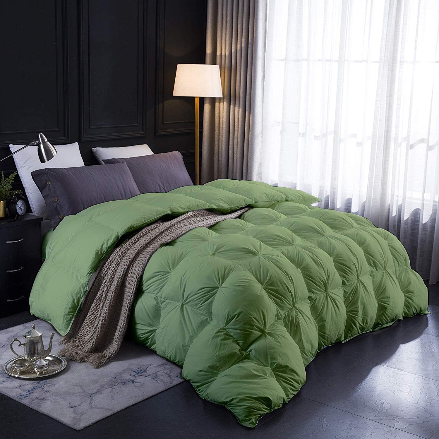 Moss All Season Down Pin-Tuck Comforter- Oversized Queen Size 98 x 98 Inches 1 pc Pinch Pleated Comforter 600 GSM & 4-Corner Tab's 100% Egyptian Cotton- Moss Solid