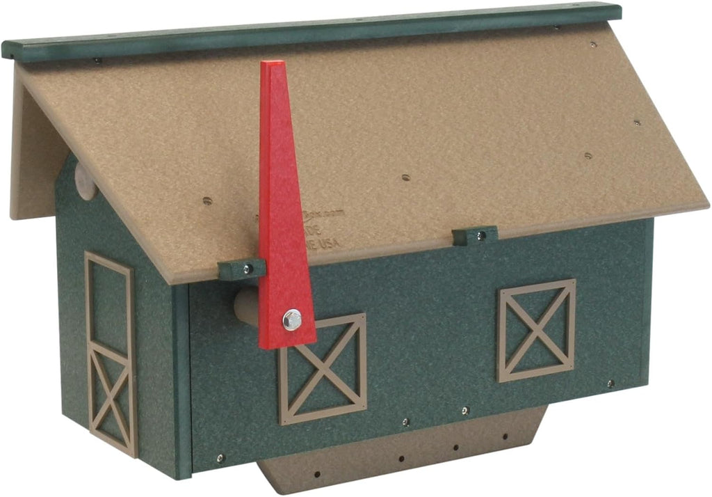 Country Barn Style Mailbox, Post Mount, Made with Weather-Proof Poly Lumber, UV-Resistant, (Weathered Wood and Turf Green)
