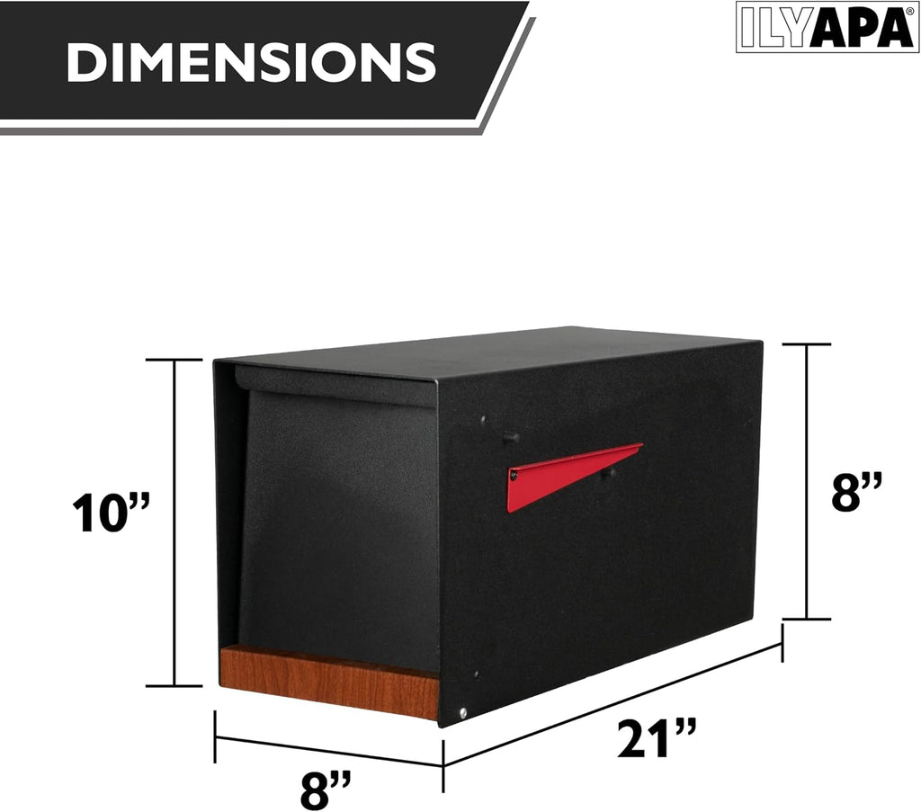 Ilyapa Modern Black Post Mount Mailbox with Redwood Trim & Magnetic Door, Waterproof for Parcels + Heavy-Duty 43' Metal Mailbox Post with Universal Mounting Plates for Curbside Residential Use