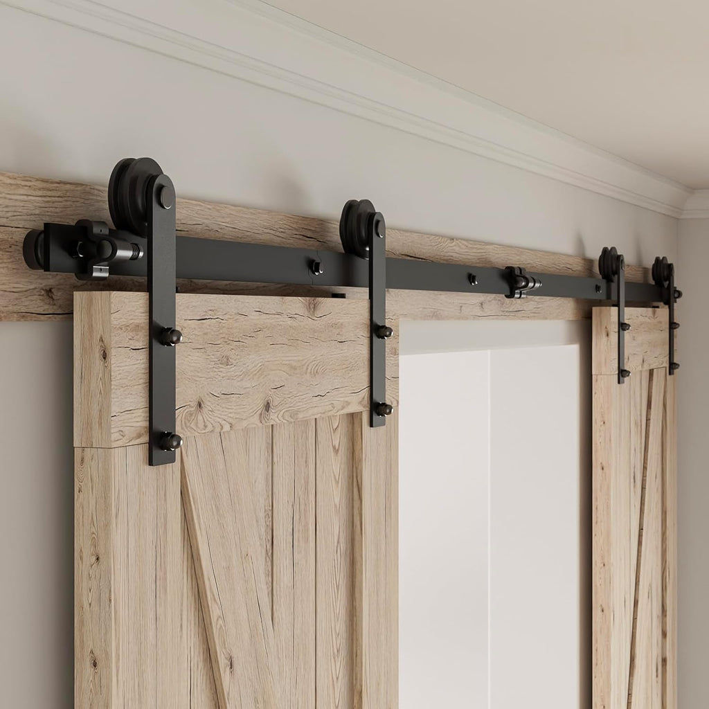 CCJH 4FT Sliding Barn Door Hardware Kit, Heavy Duty, Smoothly and Silently, Easy to Install, Fit 12' Width Double Door Panel, I Shaped Hangers Black