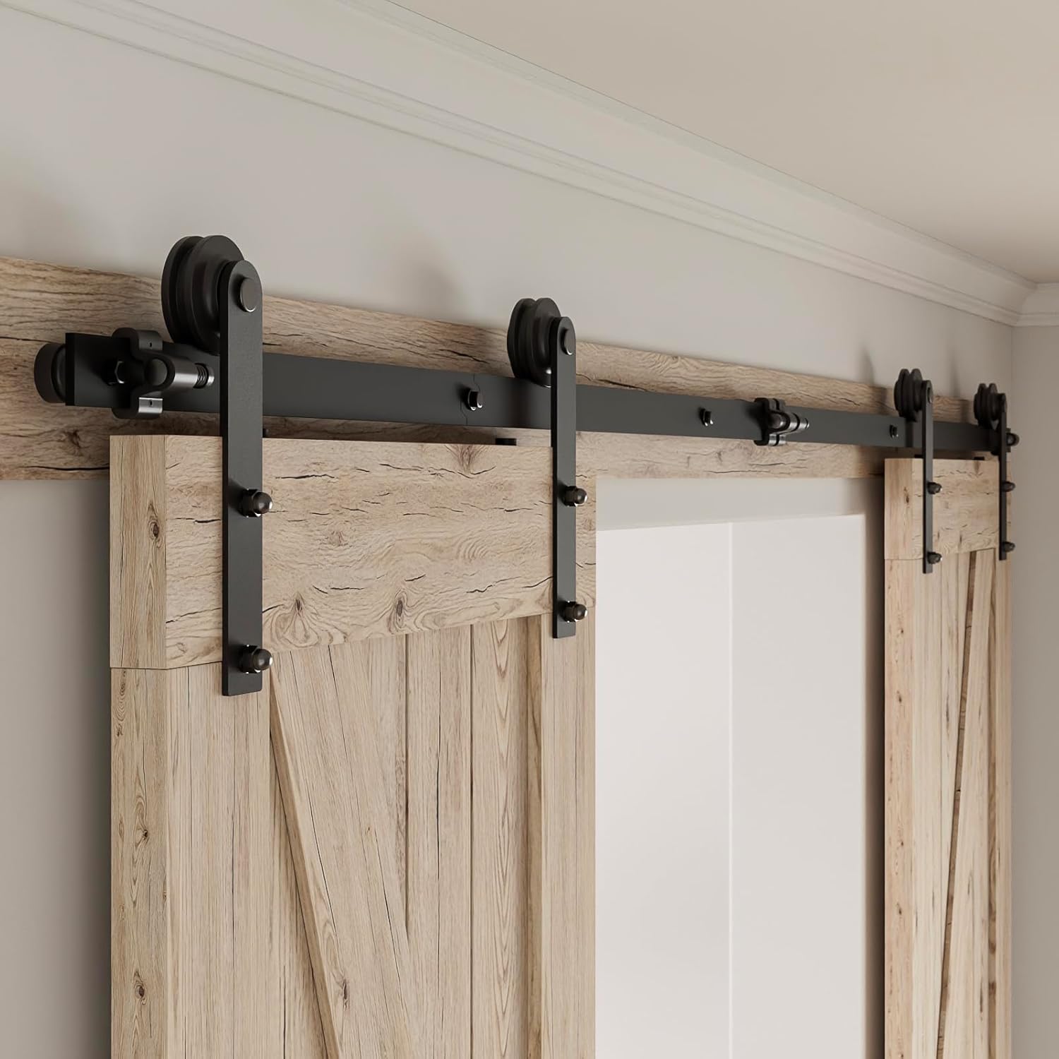 CCJH 4FT Sliding Barn Door Hardware Kit, Heavy Duty, Smoothly and Silently, Easy to Install, Fit 12' Width Double Door Panel, I Shaped Hangers Black