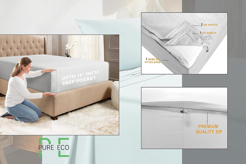 Luxury Zip On Fitted Sheet - Includes 1 Fitted Sheet Base & 2 Zip-On Sheets - Upto 16' in. Deep Pockets Queen Size Zipper Fitted Sheet - Easy to Change, Cotton 600 TC Fitted Sheet - Blush