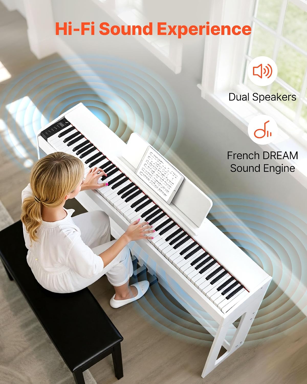 VEVOR Weighted Digital Piano, 88 Keys Fully Weighted, Electric Piano Keyboard with Furniture Stand, Power Adapter, Triple Pedal, Record Function, 280 Tones, Wireless Connection, for Beginners, White