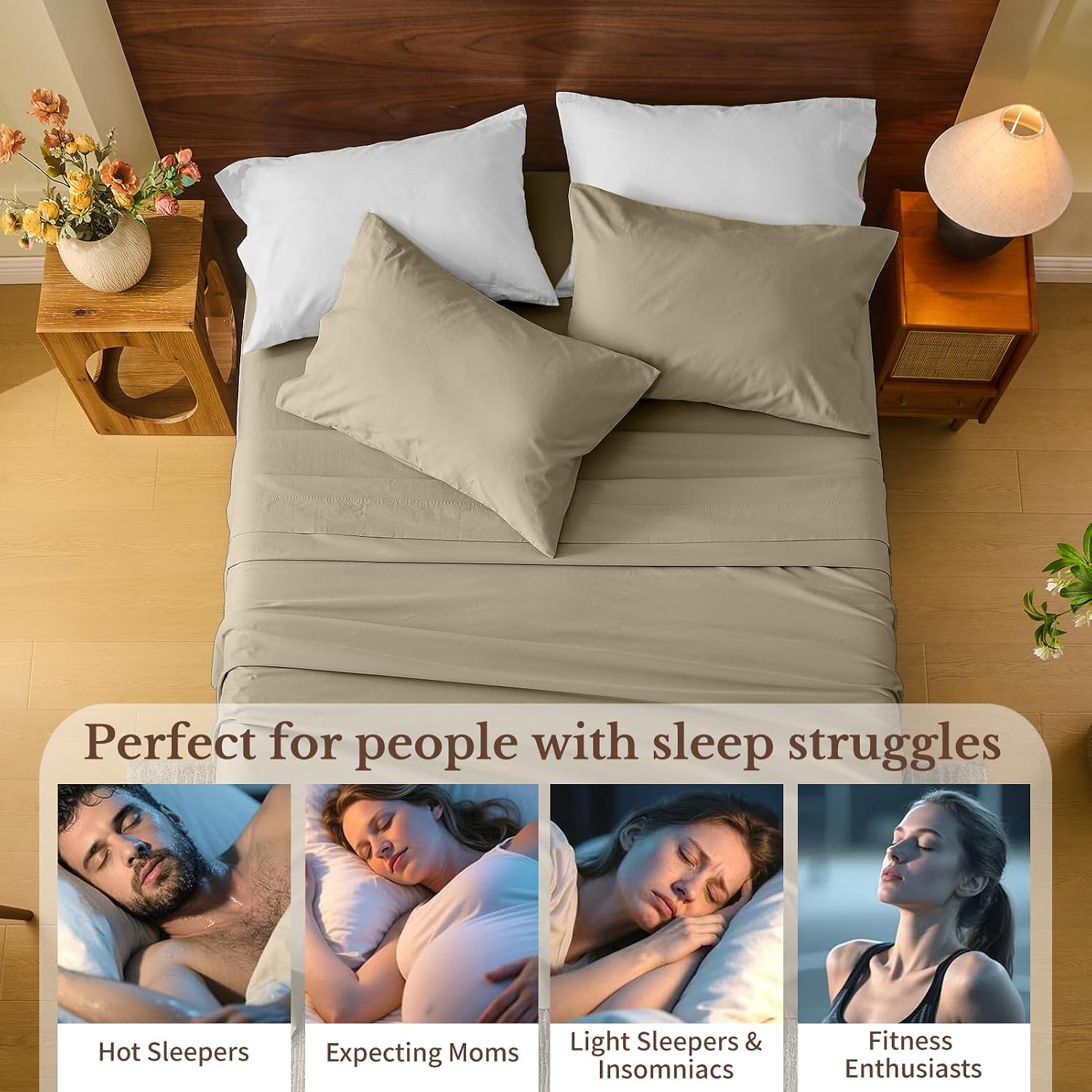 MEISHANG 100% French Pure Linen Sheets Queen Size - Bed Sheets 4 Piece Sets, Soft Durable Flax Linen, Anti-Tear Breathable Moisture Wicking with 16' Deep Pocket (Brown Taupe)