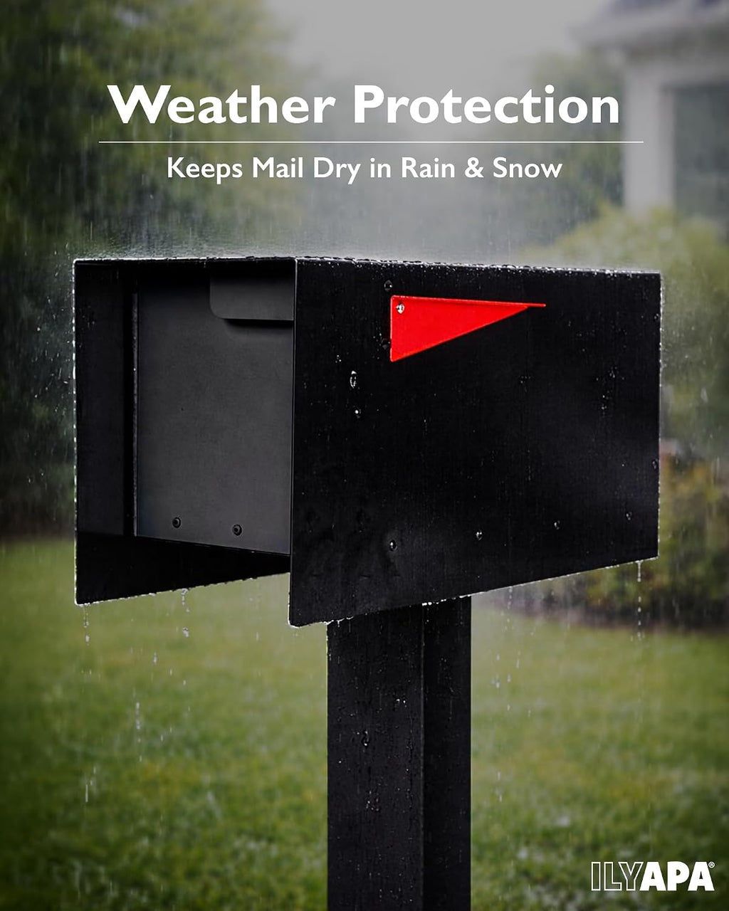 Ilyapa Locking Mailbox with Lock and Key Modern Mailboxes for Outside Post Mount - Black Powder Coated Steel, All Weather & Corrosion Resistant, Stainless Steel, Tab