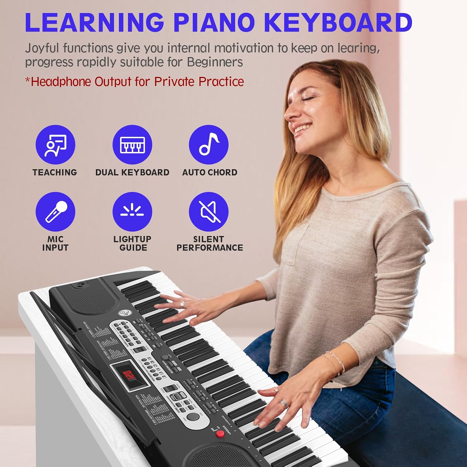 Fenbeli 61 Key Keyboard Piano for Beginners, Electric Piano Keyboard with Stand and Bench, Microphone, Headphone, Sheet Music Stand, LED Screen, 200 Tones, Teaching Mode, Holiday Gift