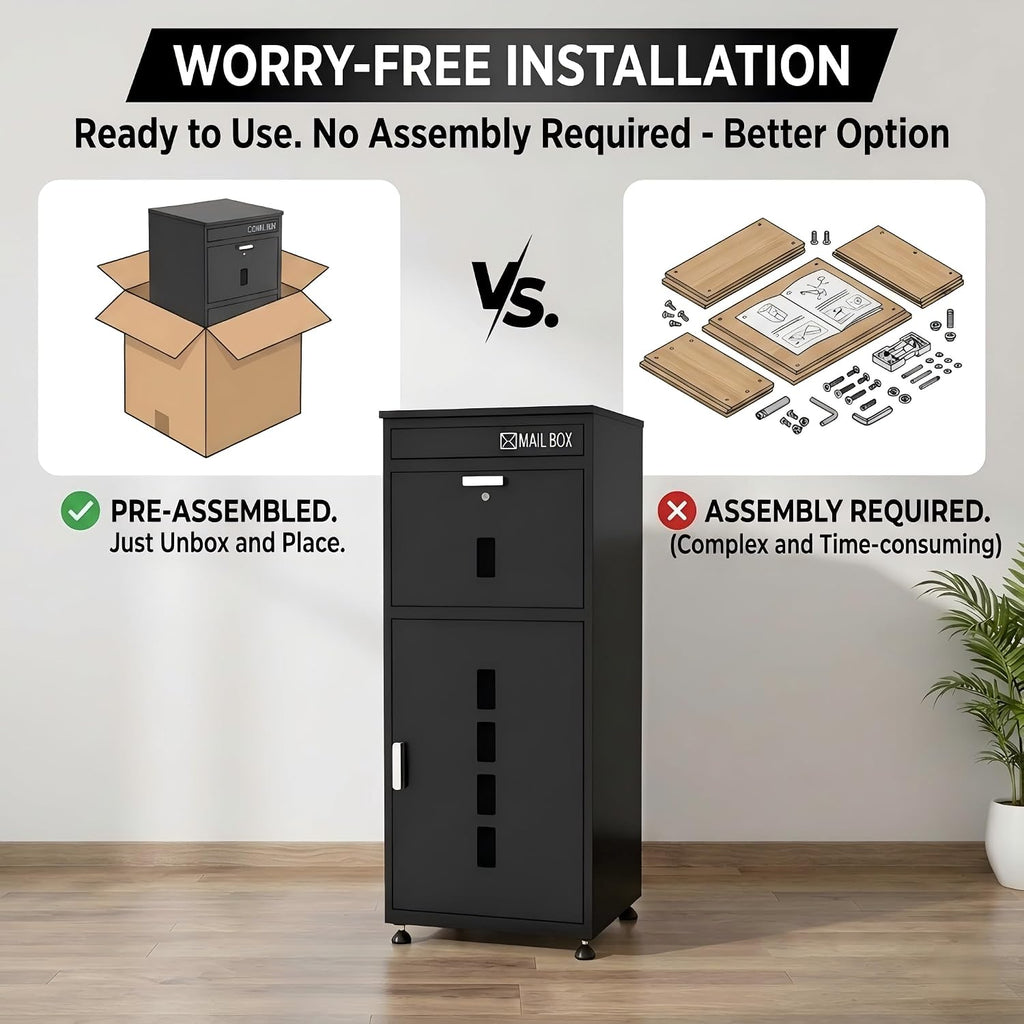 Parcel Drop Box with Mailbox, Extra Large Package Delivery Box for Outside, Anti-Theft Lockable Mail Box for Porch, Standing Courier Box for Packages and Letters with Delivery Sign, Black
