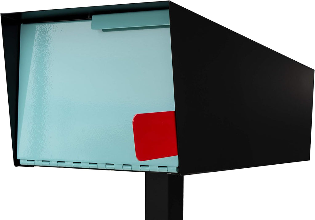 Modern Post Mount Mailbox with Post – Mid Century Retro Design, Weather-Resistant Metal Mailbox for Contemporary Homes (Black/Robin Egg)