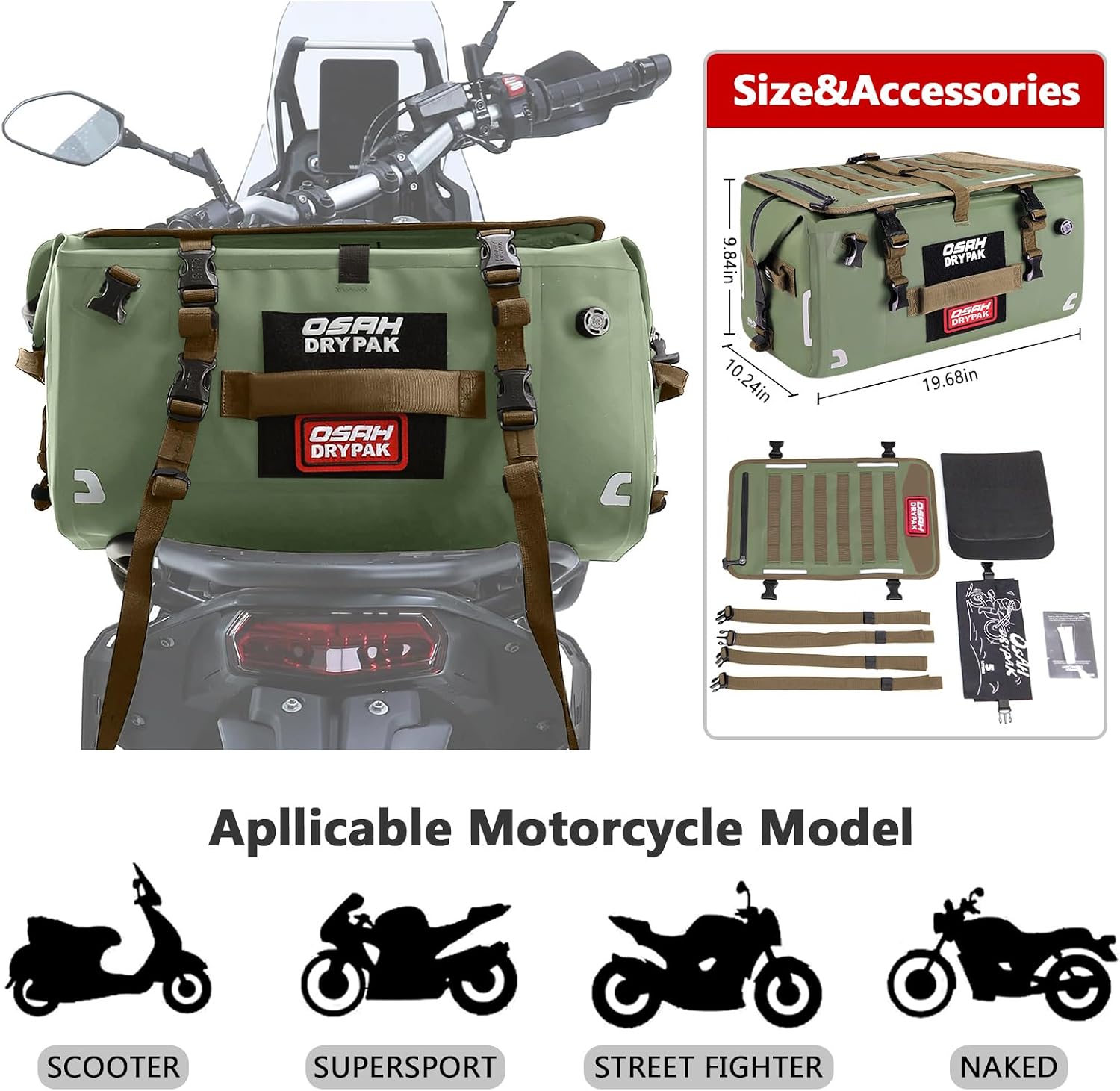 OSAH DRYPAK Waterproof Motorcycle Tail Bag, 40L Waterproof Duffel Bag, Motorcycle Dry Bag, Multifunctional Luggage Bag with Shoulder Straps for Travel, Camping, Fishing