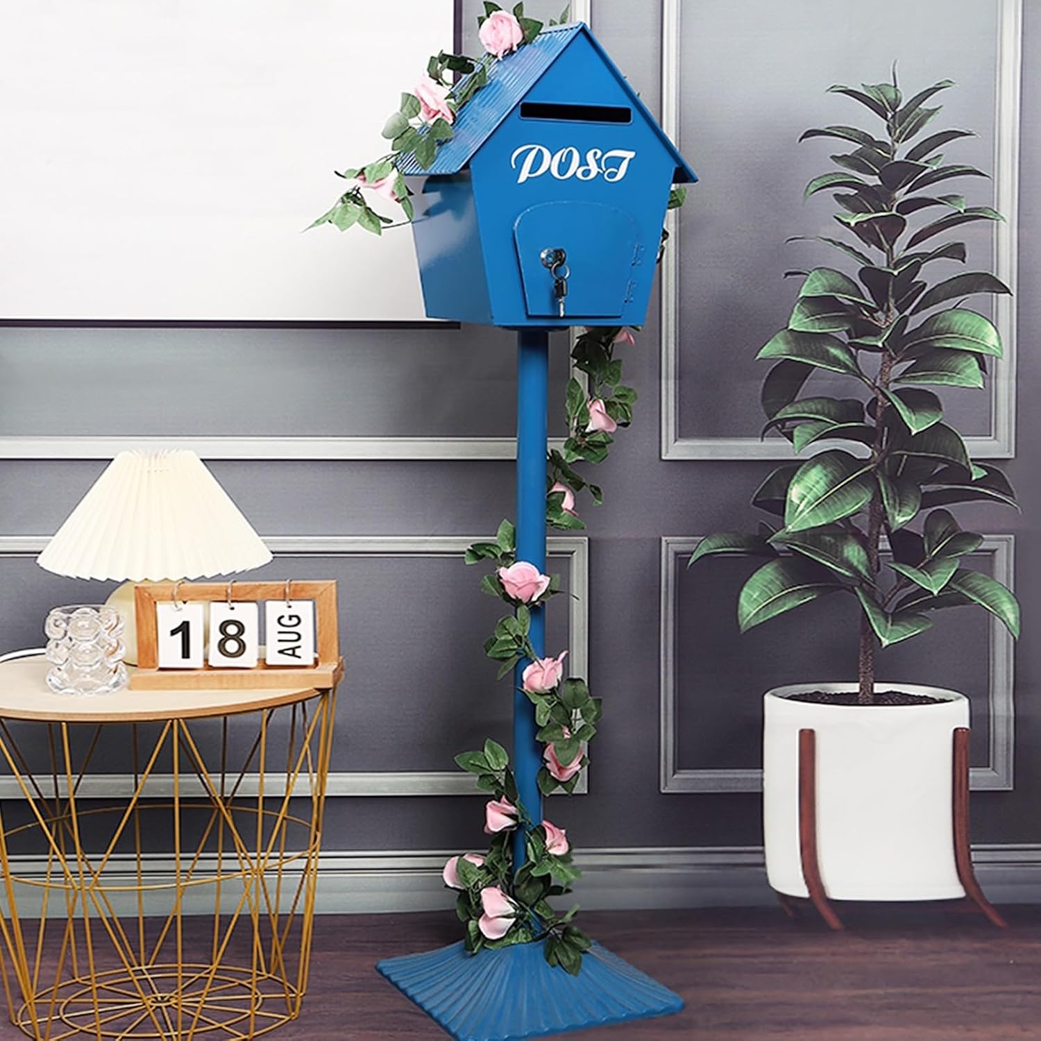 Key Drop Box Wall Mount Mailbox Mailboxes for Outside Wall Mount, Metal Mailbox, Complete System with Steel Mailbox and Aluminum Post Included(Blue)
