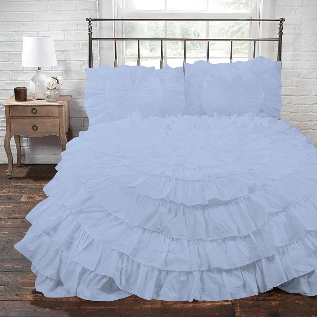 3 Piece 100% Egyptian Cotton Circle Ruffle Comforter Set, 550 GSM Filled Microfiber - Full/Queen Size, Light Blue Color - 1000 Thread Count
