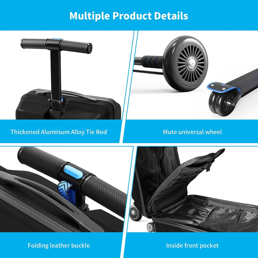 Scooter Suitcase 3-D Hardshell Ride Scooter Luggage for Kids Age 7-15, Cute Lightweight Kids Luggage with Wheels, Girls&Boys Multifunctional Ride On Travel Trolley Scooter Combo-Black