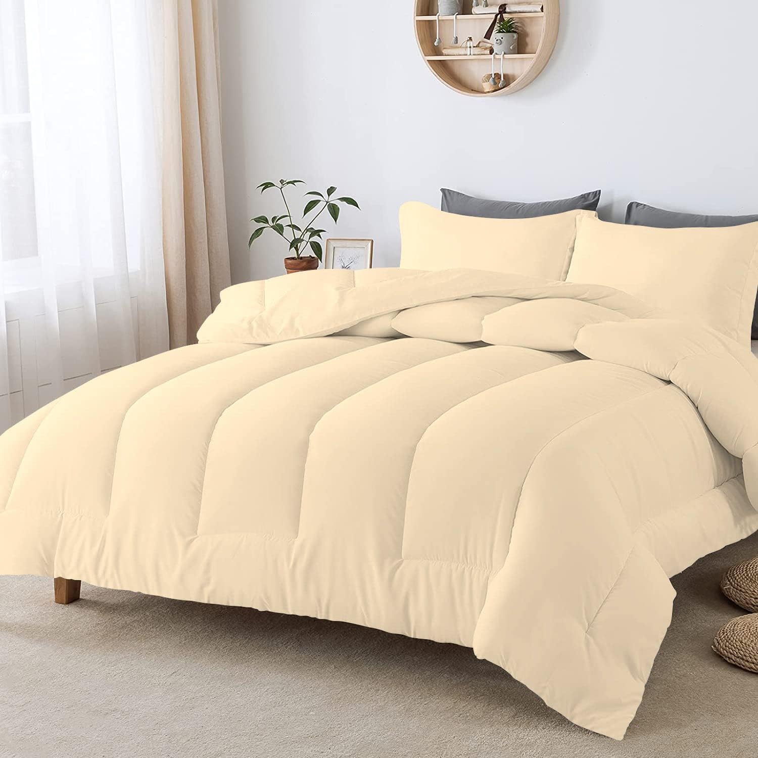 5 PC Straight Line Pattern Comforter Set Premium Super Soft 600 GSM All Season | 1000 Thread Count | 100% Egyptian Cotton ( Full/Queen Size, Ivory Color)
