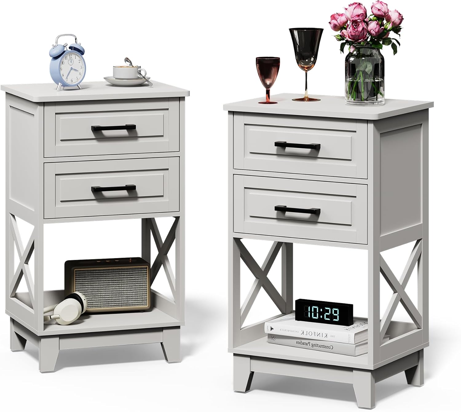 May in Color Nightstand Set of 2, 30' Tall Side Table with 2 Drawers and Open Shelf, Bedside Table with Solid Feet, Modern Night Stand End Table for Bedroom, Home Office, White