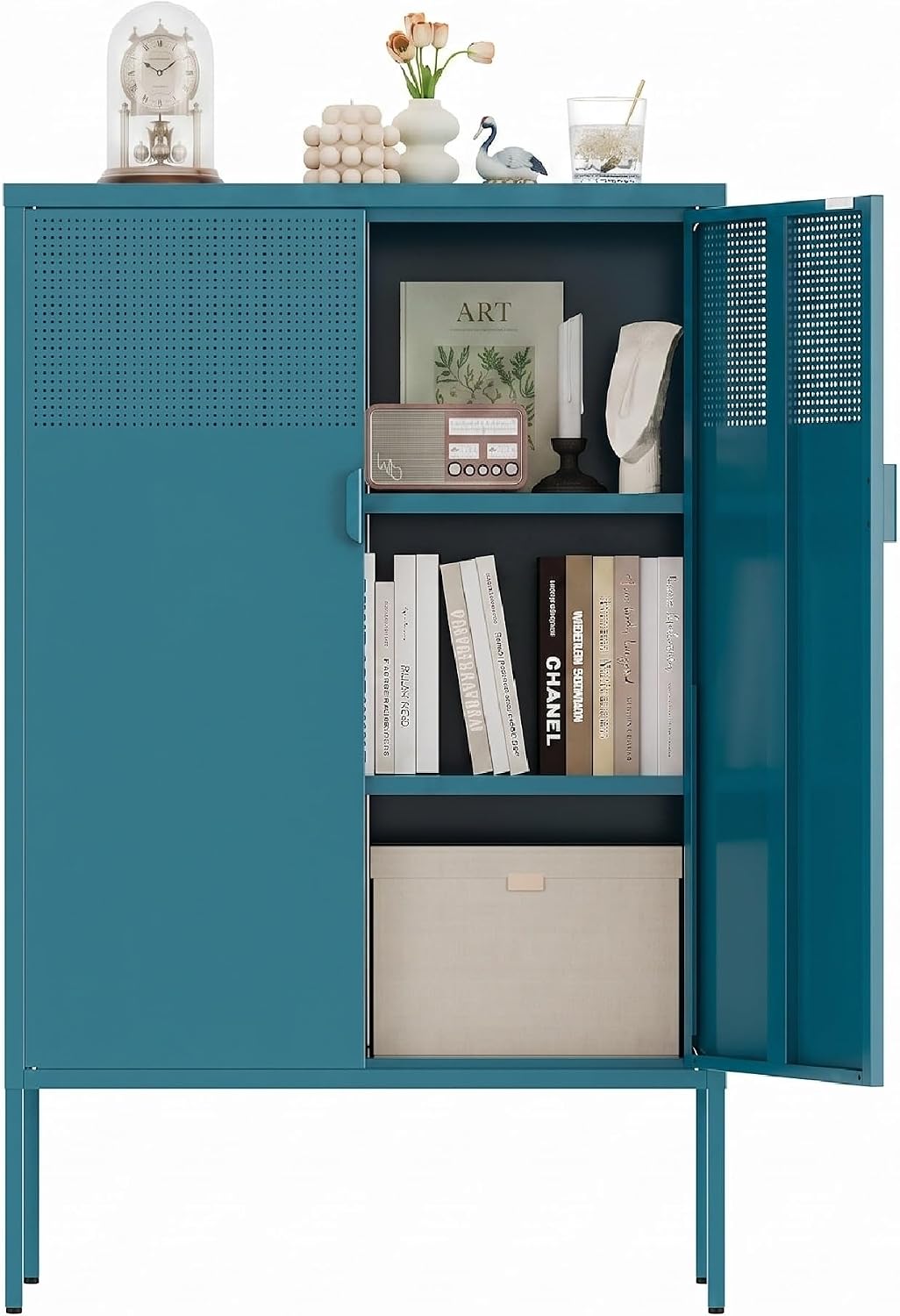 Metal Storage Cabinet,2 Door TV Stand, Metal Mesh Accent Cabinet,Magnetic Door Closure,Low Storage Cabinets with Doors and Shelves