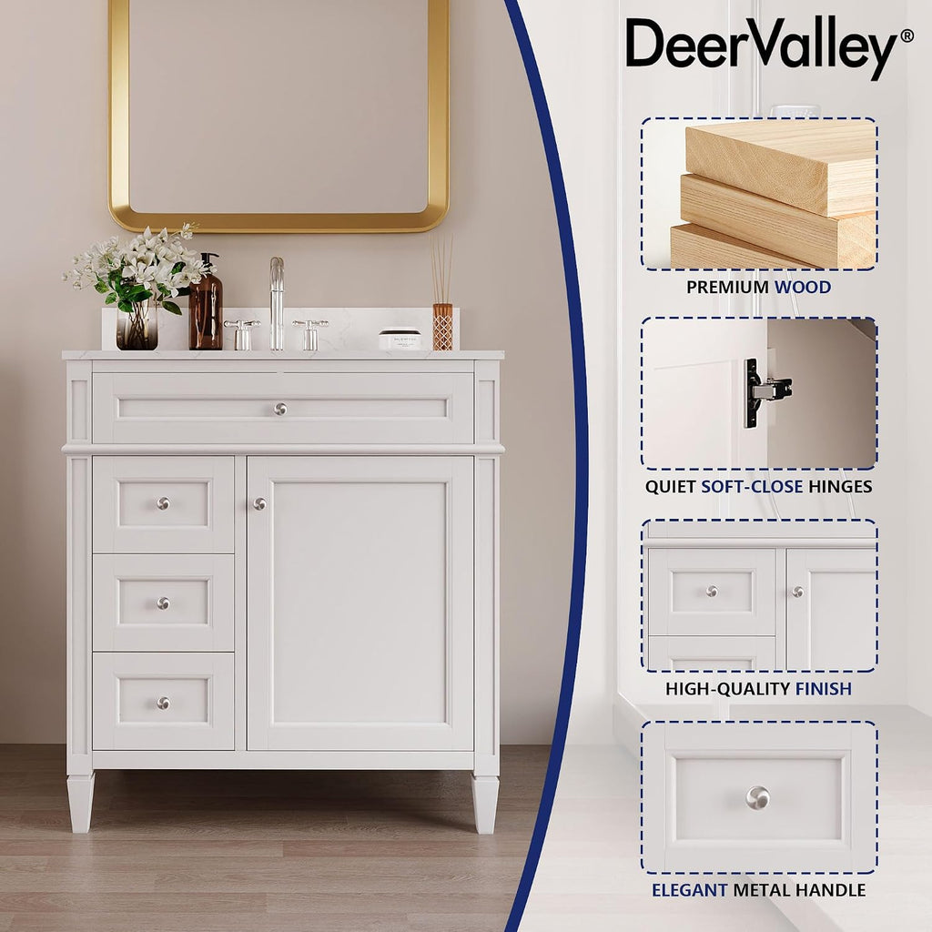 DeerValley 30 Inch Bathroom Vanity with Sink and Backsplash, Pre-Assembled Modern Bath Cabinet with Storage, Soft Close Doors, White