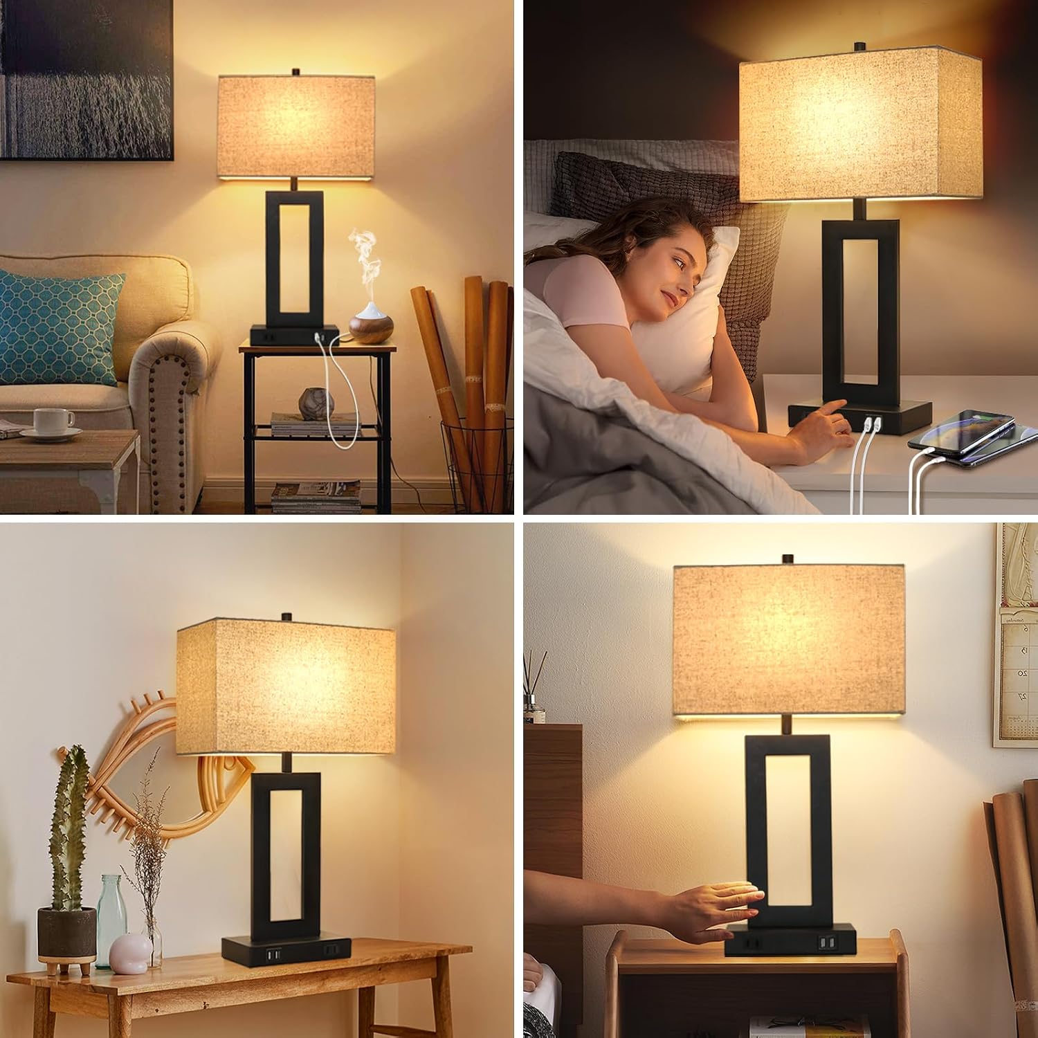 TOBUSA 28'' Tall Lamps for Living Rooms Set of 2, Modern Black Touch Control Table Lamps for Bedroom, 3 Way Dimmable Bedside Lamps with 2 USB Ports&AC Outlet, High-end Decor Lamp for Home Office