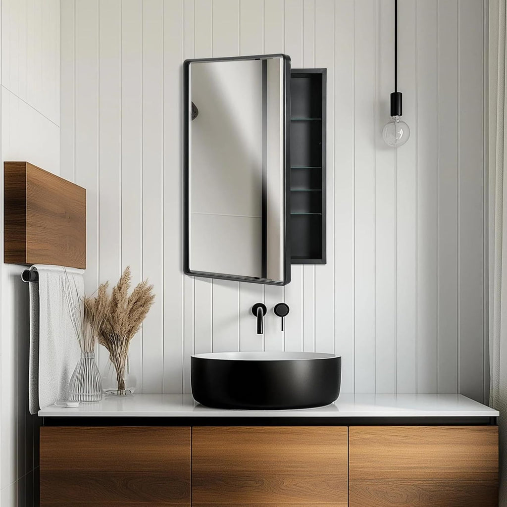 Head West Black Metal Recessed Medicine Cabinet Beveled Mirror, Bathroom Wall Mount Storage Organizer with Glass Shelves - 16' x 24'