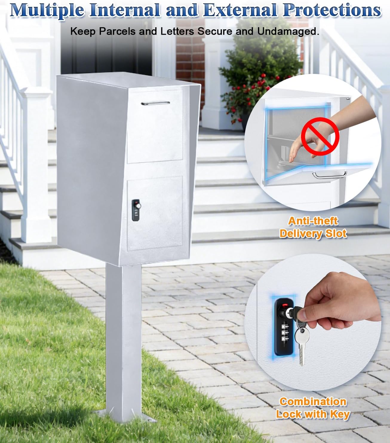 All-in-One Secure Curbside Locking Mailbox for Packages & Mail, Galvanized Steel with Combination Lock & Key, Anti-Theft Rainproof Design, Spacious Interior (White)
