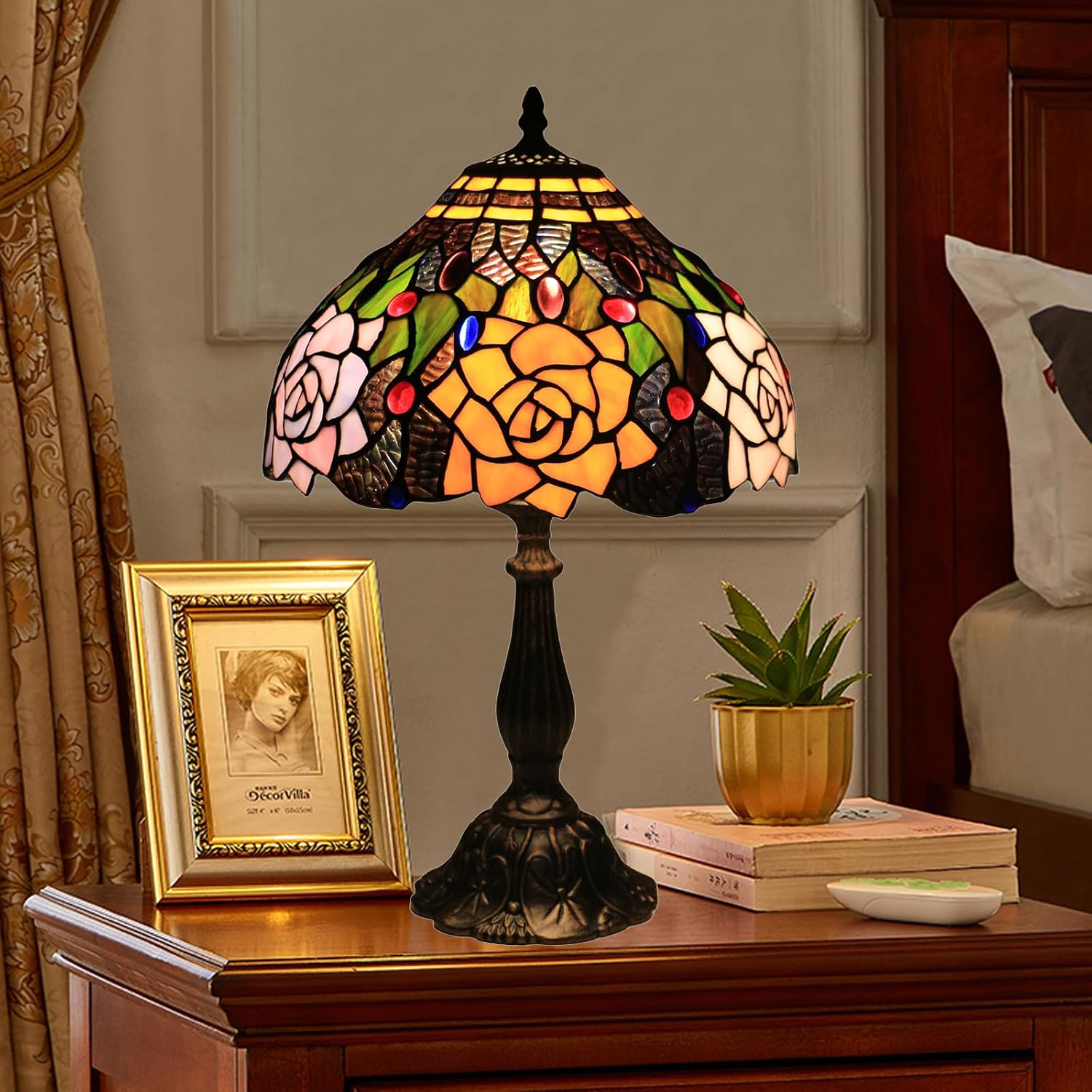 Tiffany Style Table Lamp, 12 Inch Stained Glass Lamp, Antique Table Lamp, Bedside Lamp, for Nightstand Bedroom Living Room Home Office, Rose Flower Pattern, Include LED Bulb