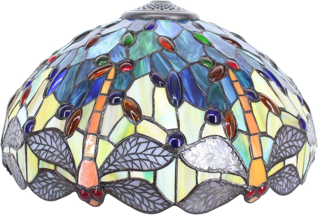 Large Tiffany Lamp Shade Replacement Only 16Inch Stained Glass Lampshade Fit For Table Lamps FLoor Lamp Ceiling Fixture Pendant Hanging Light Home Office Decoration (Blue Yellow Dragonfly)