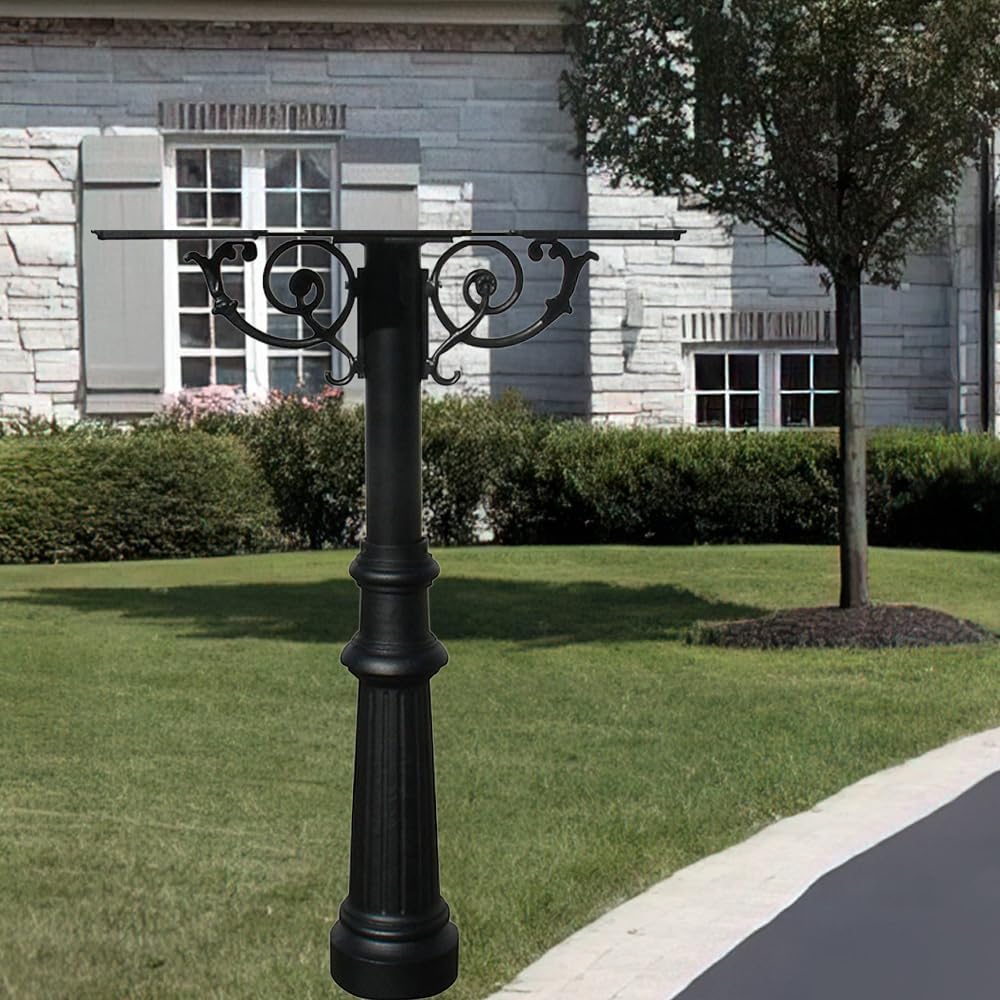 The Hanford Cast Aluminum Triple Mailbox Post System with Fluted Base, Mounting Brackets and Scroll Supports, Mailboxes Sold Separately, Ships in 2 boxes