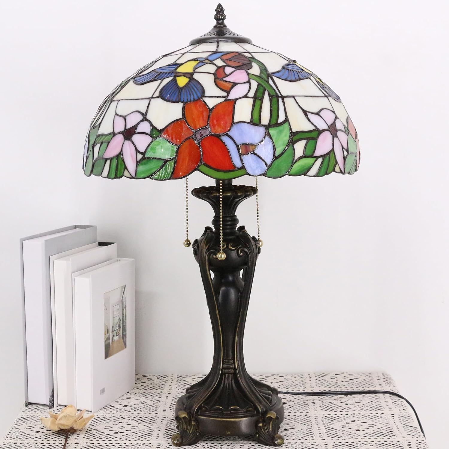 Large Tiffany Lamp Shade Replacement Only 16Inch Stained Glass Lampshade Fit For Table Lamps FLoor Lamp Ceiling Fixture Pendant Hanging Light Home Office Decoration (Cream Amber Hummingbird)