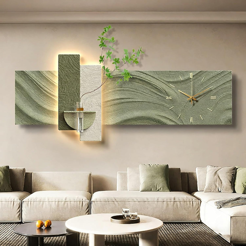 PAKMEZ Plug-in Power Supply Sandstone Wall Art with Clock, Sandstone Decor Wall Art Painting with Vase and Fake Plant, Home Decor for Living Room Office Study(Green,100 * 40cm/39.4 * 15.7in)