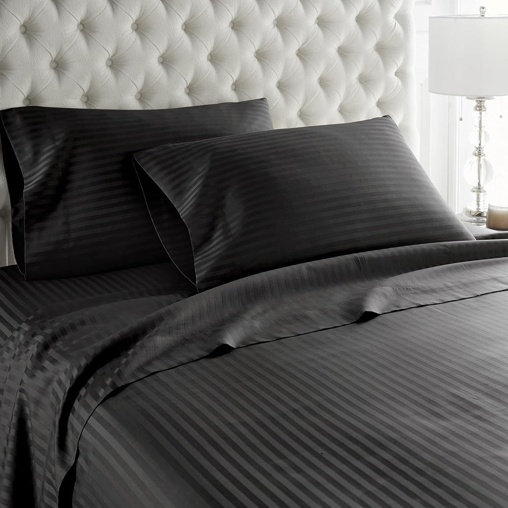 Breathable Luxury Bedding ! 800 Thread Count 100% Egyptian Cotton Queen Size 4 Piece Sheet Set Fit 15' Inch to 18' Inch Deep Pocket Stripe. Black