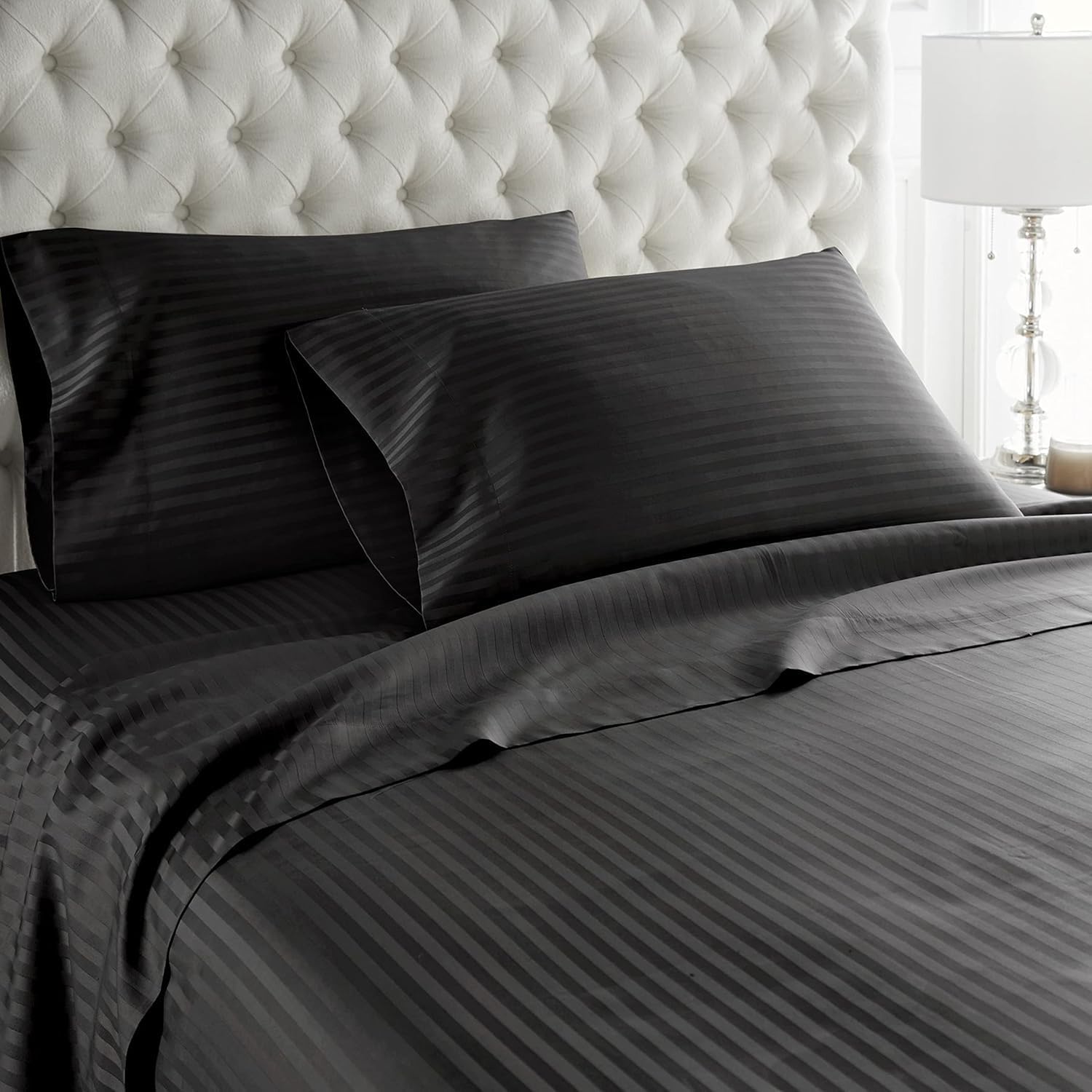 Breathable Luxury Bedding ! 800 Thread Count 100% Egyptian Cotton Queen Size 4 Piece Sheet Set Fit 15' Inch to 18' Inch Deep Pocket Stripe. Black