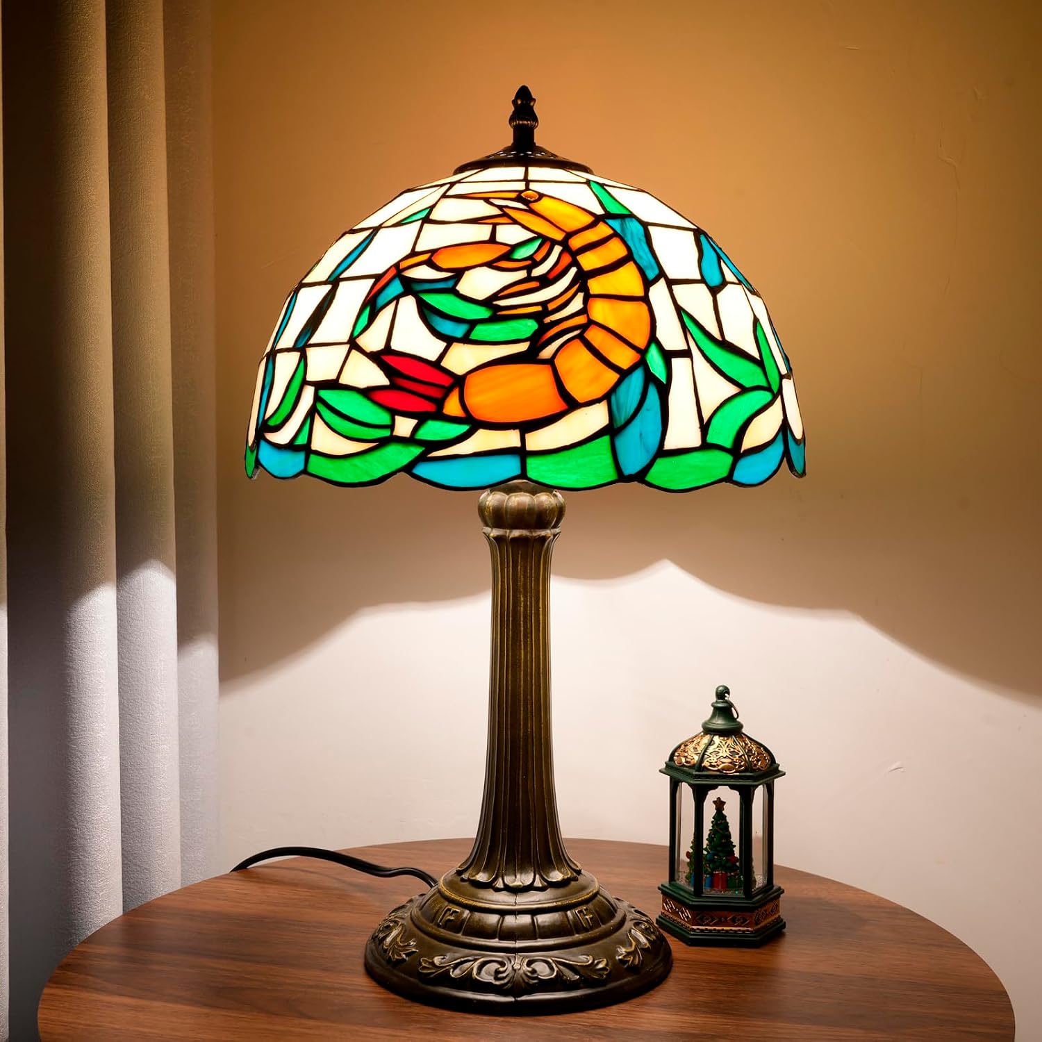 Tiffany Style Table Lamp with Orange Shrimp Stained Glass Lamp 12 Inch Retro Bronze Base Bedside Lamp Bedroom，Living Room, Bar,Cafe,Restaurant Hotel Coastal Style Decorative Ambient Light