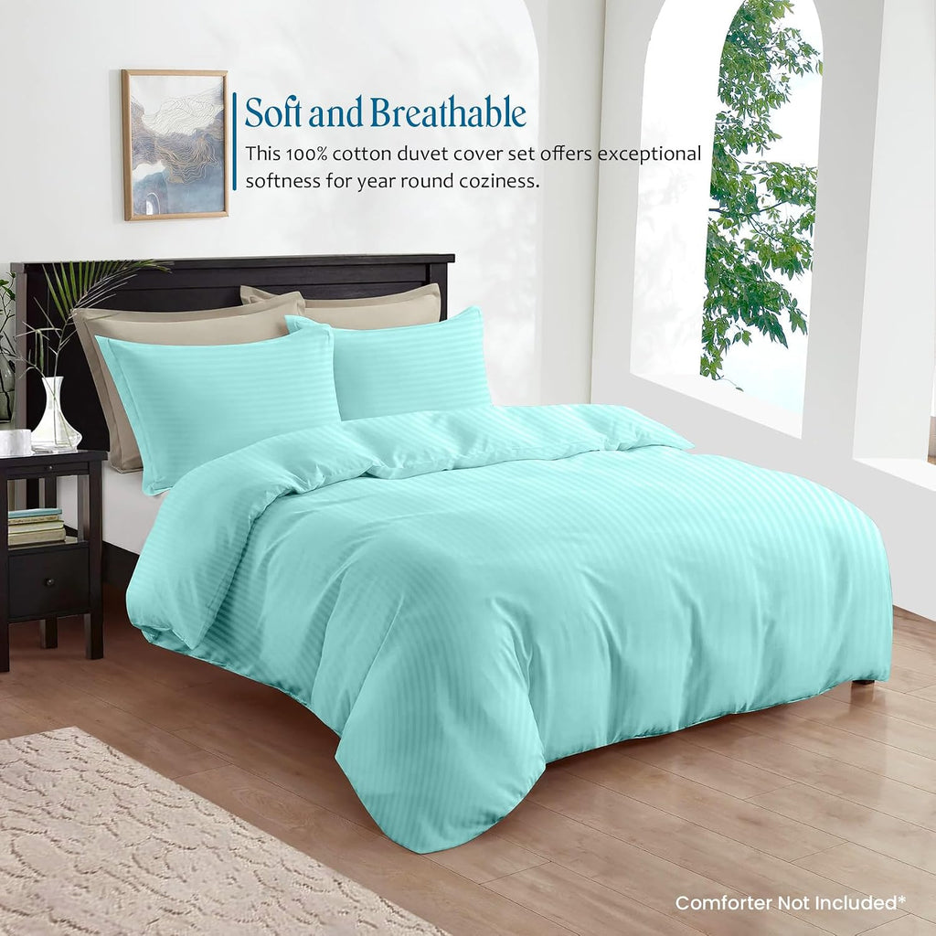 800TC 3 Sided Zipper Duvet Cover Set Soft Egyptian Cotton 3 Sided Zipper Closure, 3 PCS 1-Duvet Cover & 2- Pillow Shams - Oversize Queen Size (98' x 98') Inches, (Aqua Blue Stripe)