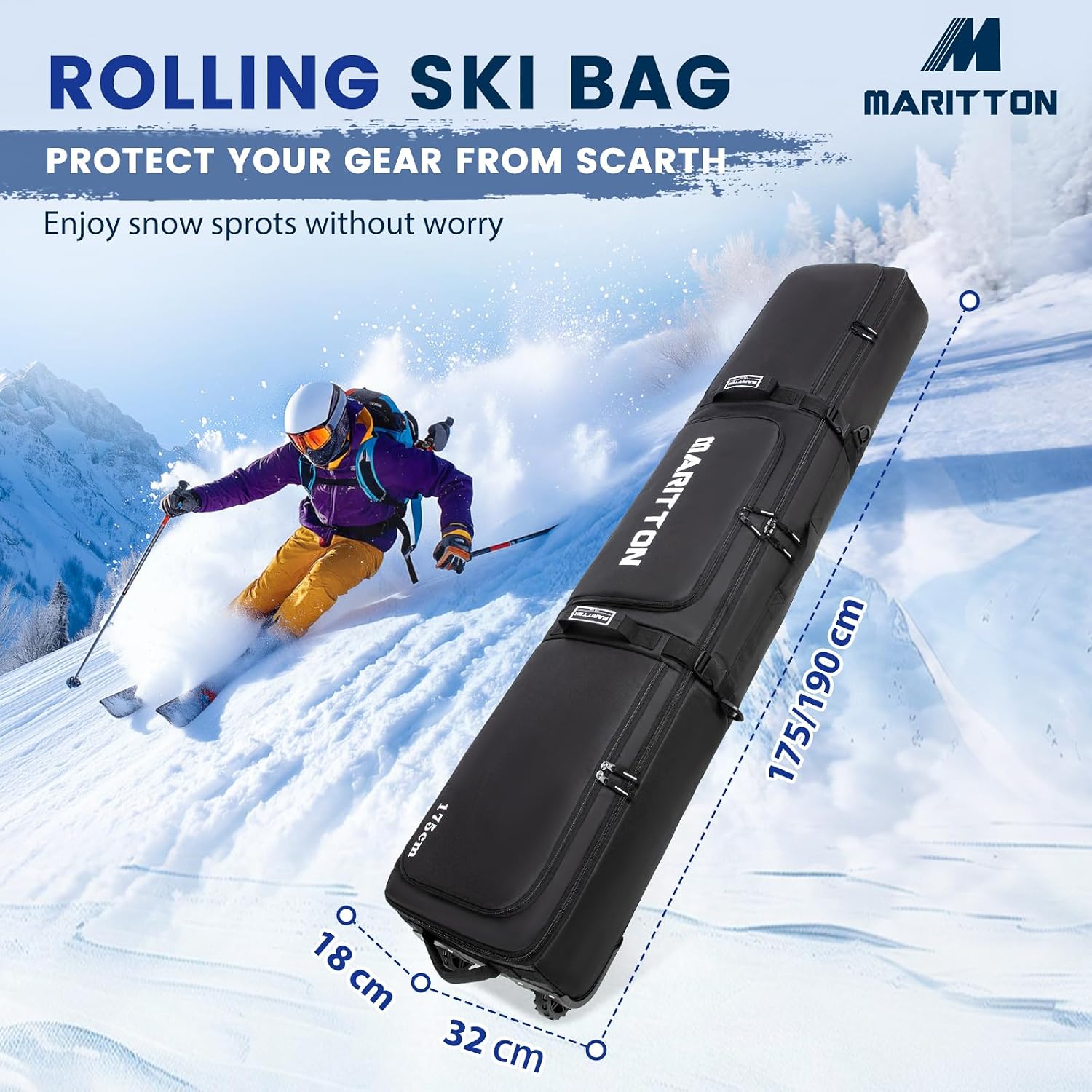 Double Rolling Ski Bag with Wheels, Padded Ski Bag for Air Travel to Hold 2 Pairs of Skis up to 175 or 190 cm.
