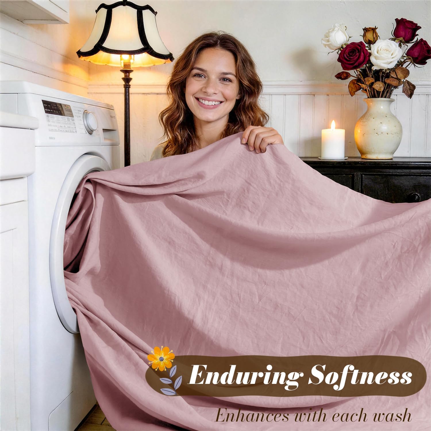 SONORO KATE 100% French Pure Linen Sheets, Breathable and Durable Linen Queen Size Sheets, Anti-Tear Linen Bed Sheets, Machine Washable, 16 Inch Deep Pocket - 4 Piece (Embroidery Purple, Queen)